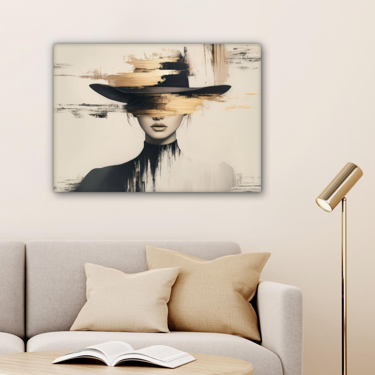 LEINWANDBILD Frau - Hut - Farbe Wandbilder 80x60 cm - Goldfarben, Textil (80/60cm) - MuchoWow