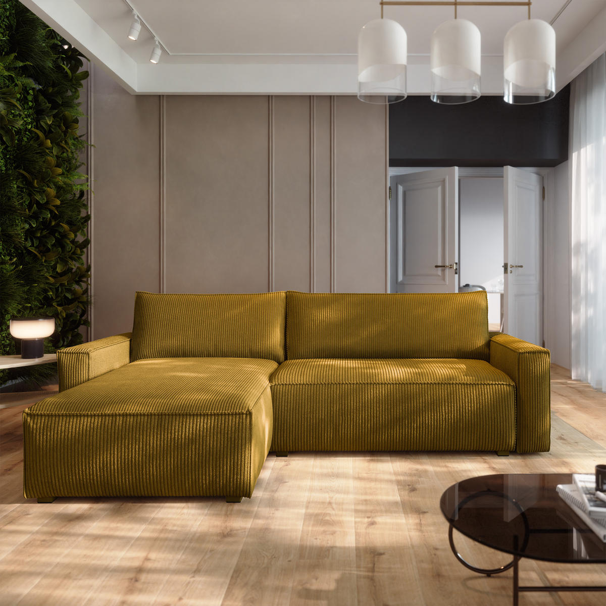 ECKSOFA BESMIR Gelb Kordstoff mit Schlaffunktion - Gelb, Holz (275/148cm) - MASSENO