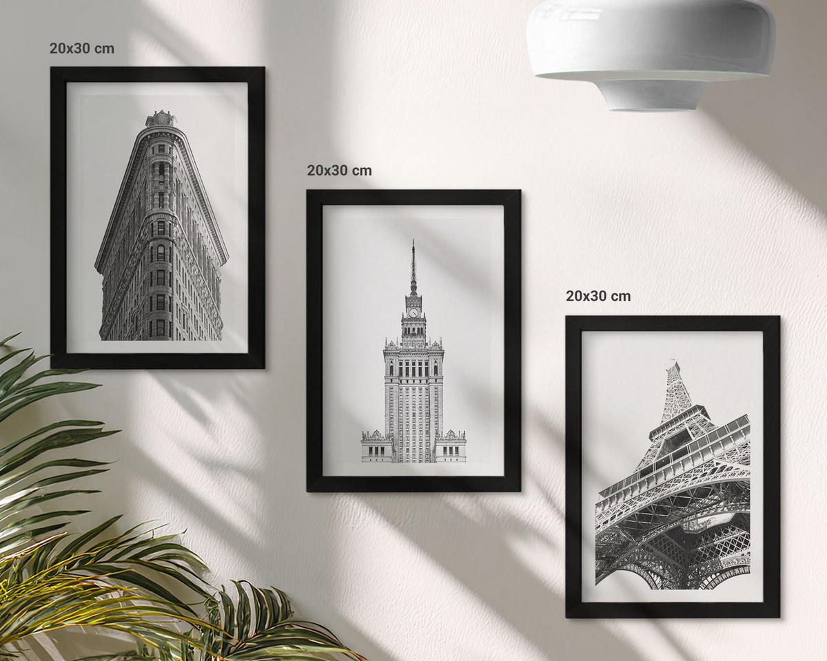 BILDER SET 3er Set - 20x30 cm Schwarzer Rahmen - Architektonische Schwarz-Weiß-Gebäude - Schwarz, Kunststoff (20/30cm) - TULUP