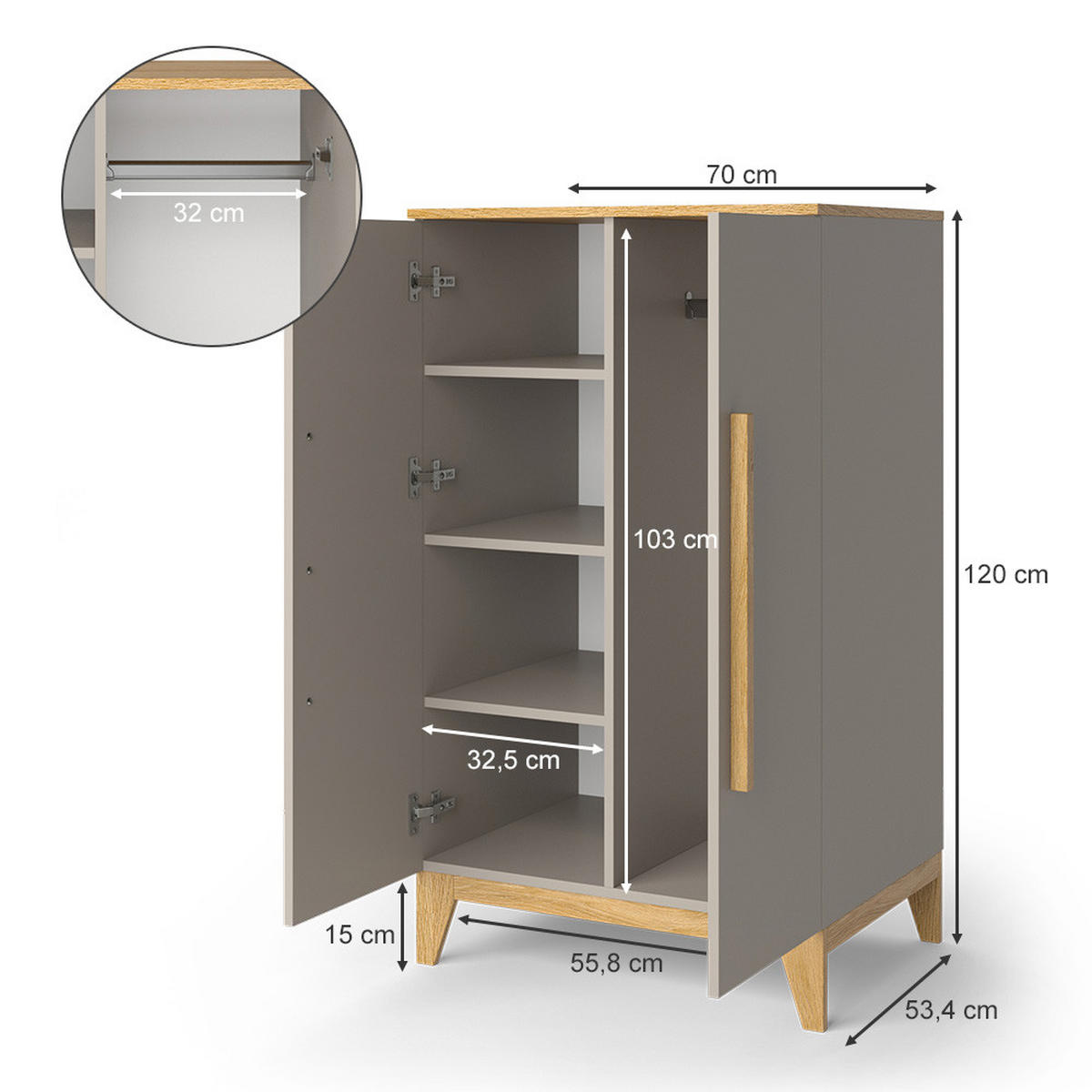 KINDERKLEIDERSCHRANK Malia Cashmere-Eiche 70 x 120 cm - Kaschmir, Holzwerkstoff (70/120/53.4cm) - VitaliSpa