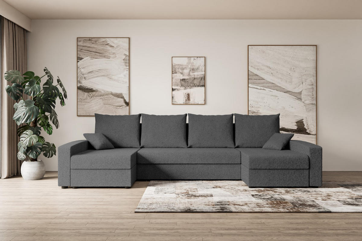 WOHNLANDSCHAFT mit Schlaffunktion und Bettkasten ALESIA-U 301x140x90 cm Grau Bouclé - Silberfarben/Grau, Holzwerkstoff/Kunststoff (301/90/140cm) - ALTDECOR