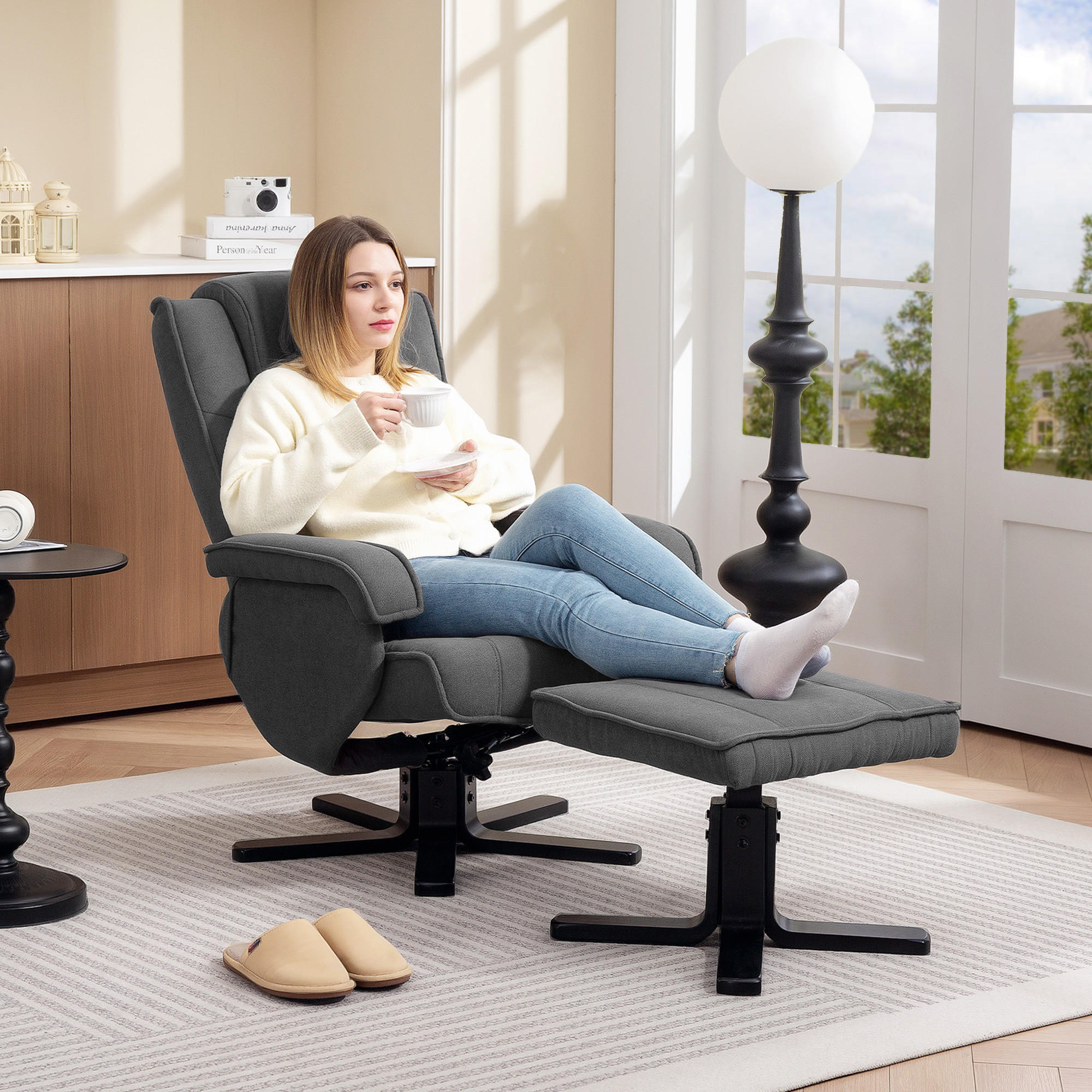 RELAXSESSEL mit Hocker, Liegefunktion, Dunkelgrau - Dunkelgrau, Kunststoff (67/96/87cm) - HOMCOM