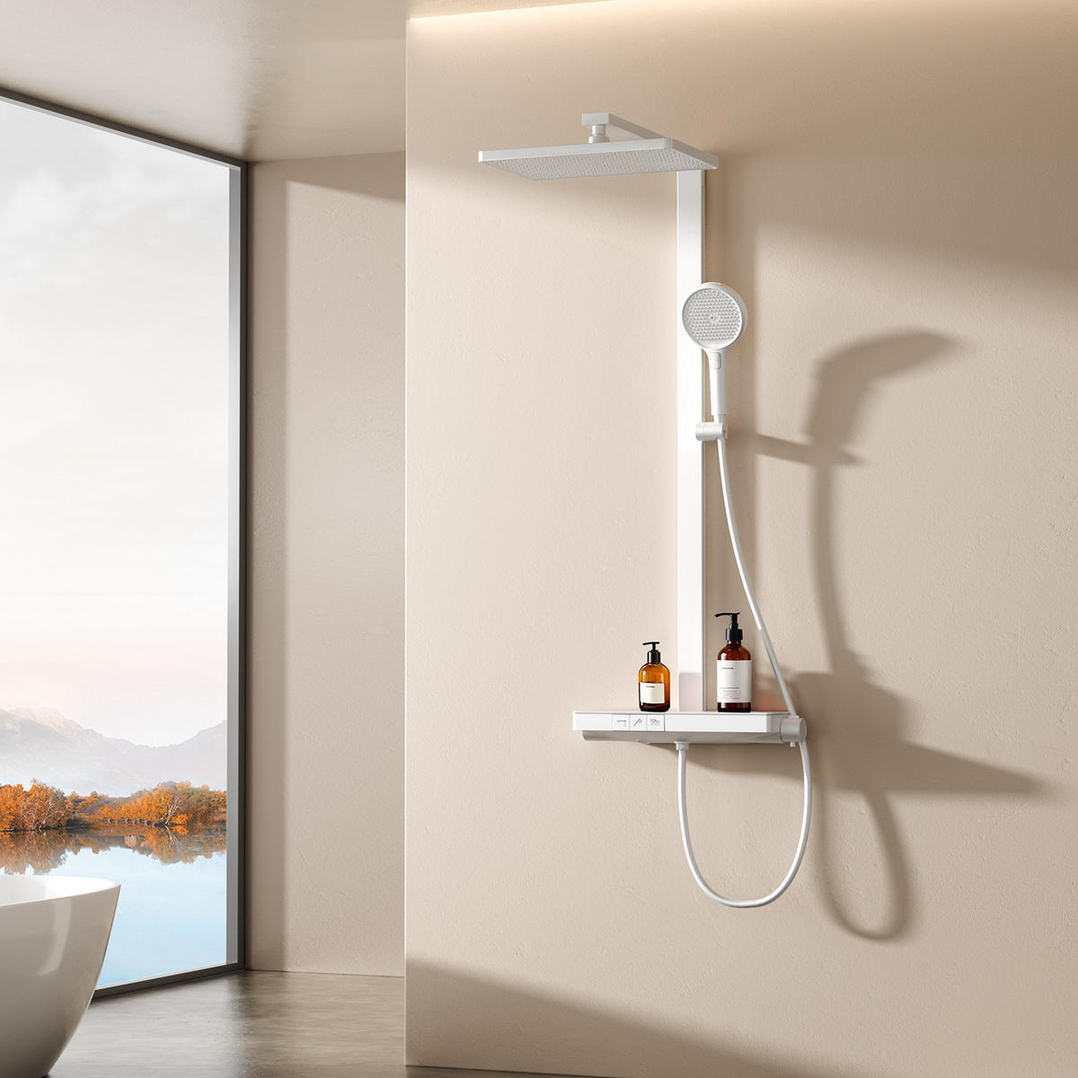 ÜBERKOPFBRAUSESET mit Brausethermostat Temperaturanzeige Weiß - Weiß, Metall (43.7/112.2/62.5cm) - EMKE