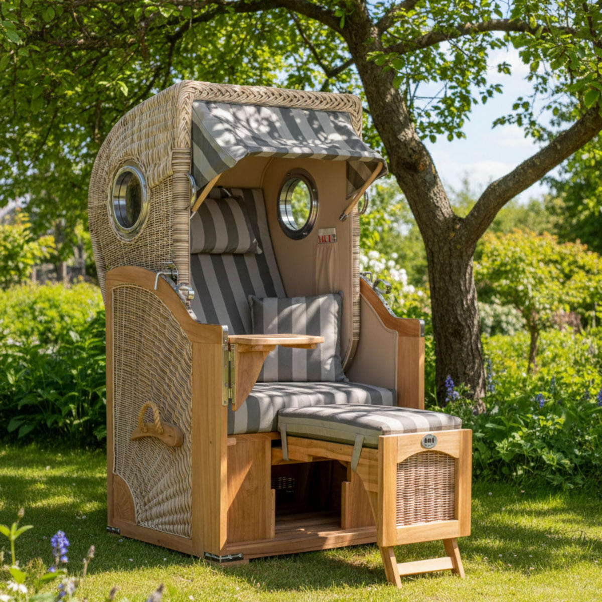 STRANDKORB Düne 1 Sitzer Teak PE Shell - Braun/Grau, Holz/Textil (96/165/80cm) - Mr. Deko