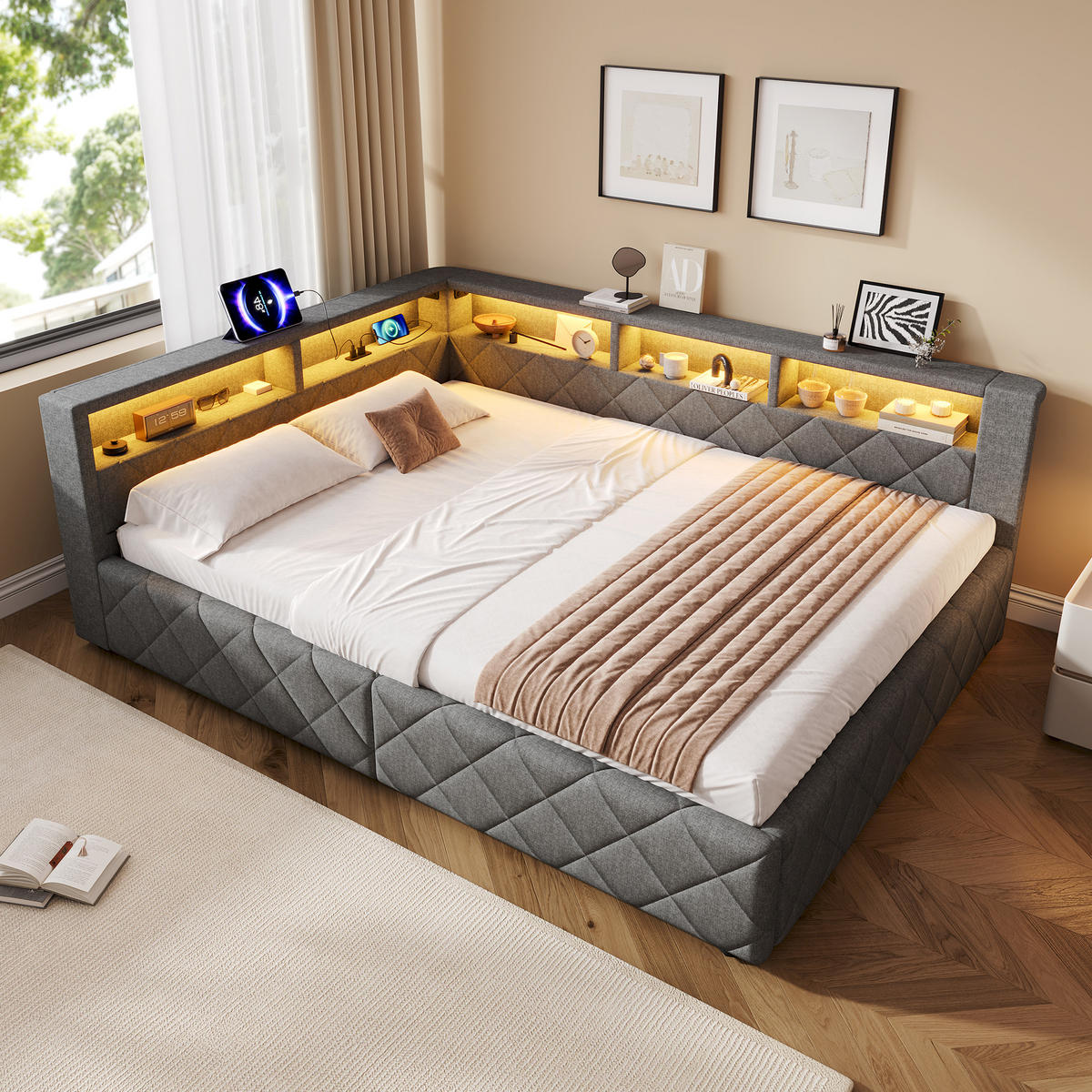 SCHLAFSOFA 140 x 200 cm, Grau, Leinen, LED, USB - Grau, Naturmaterialen (140/200cm) - FLIEKS
