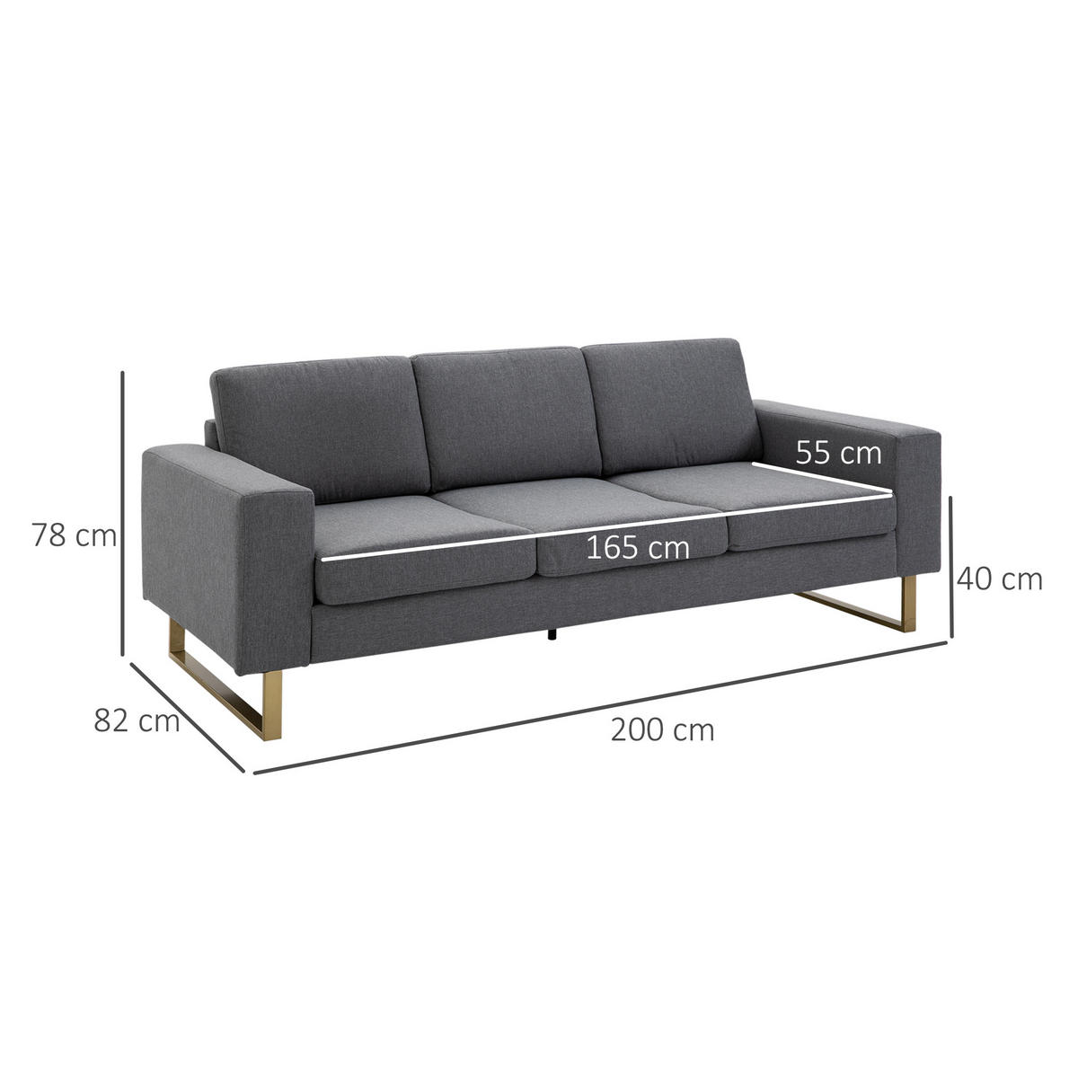 SOFA 3-Sitzer, Holz, Stoff, Dunkelgrau - Dunkelgrau, Holz (82/78/200cm) - HOMCOM