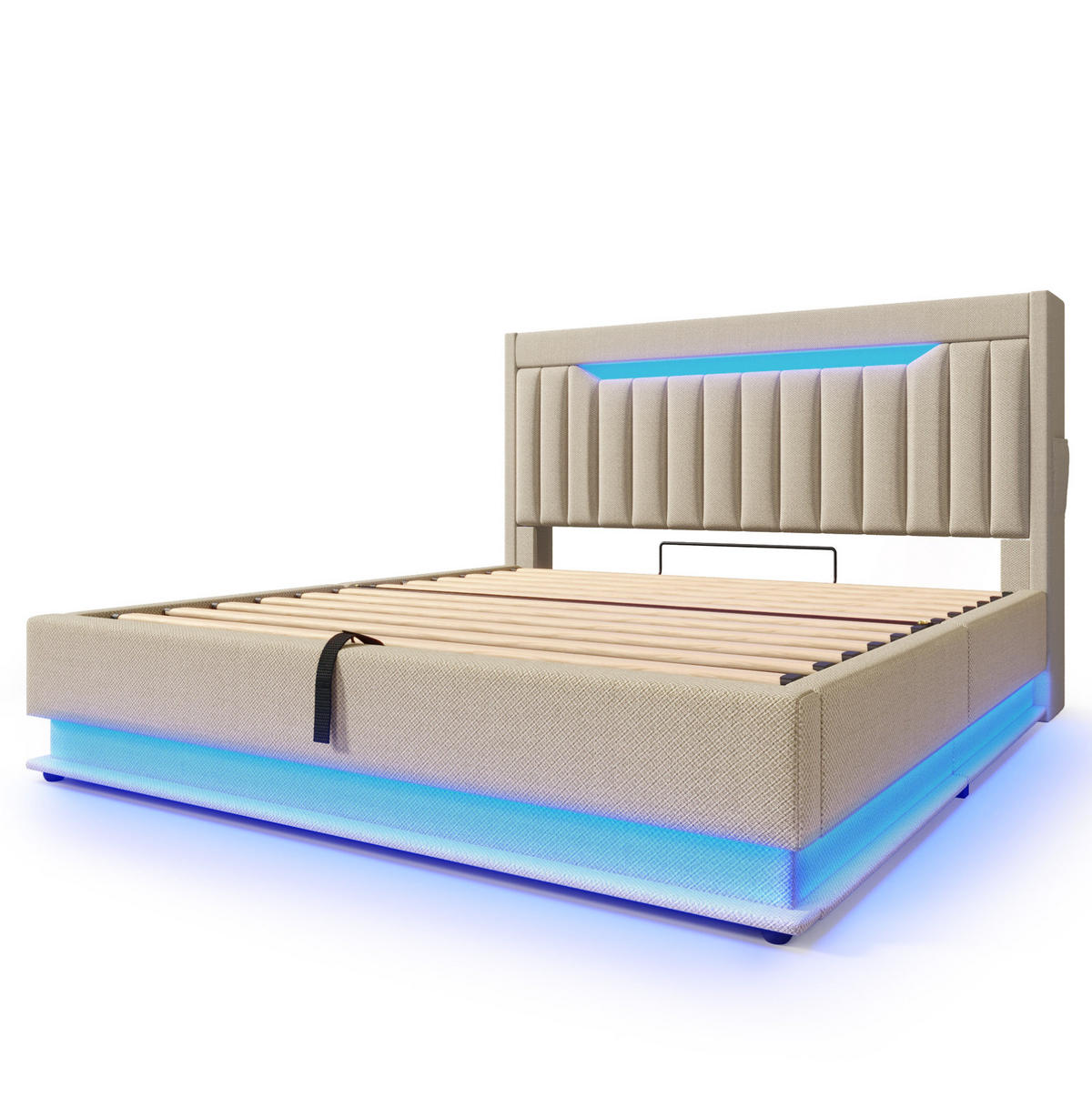 POLSTERBETT 140/200 cm Beige mit Stauraum und LED-Beleuchtung - Beige, Textil (140/200cm) - OKWISH