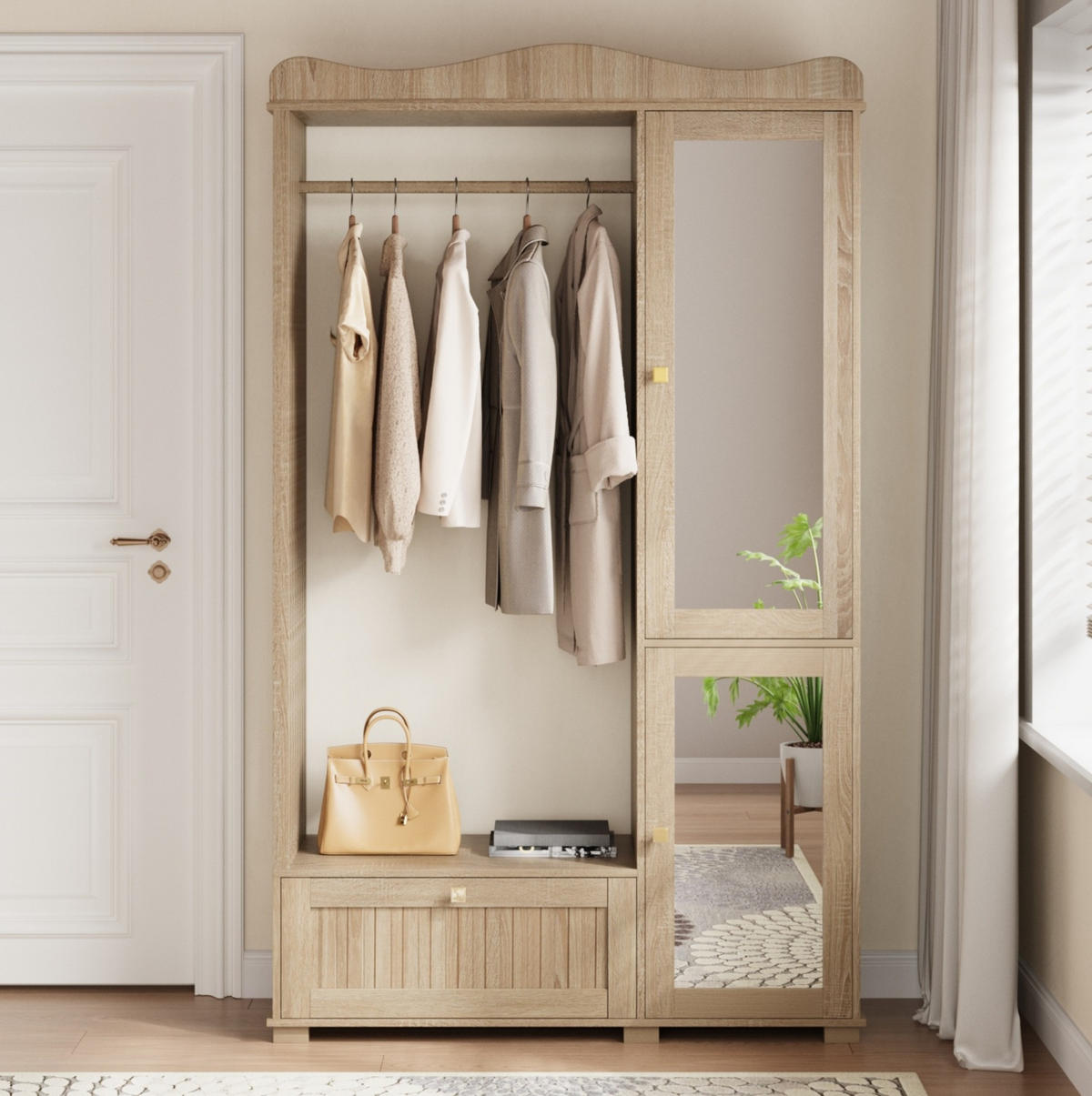 GARDEROBENSCHRANK mit Spiegel und Kleiderstange 115,5 x 38,5 x 194,5 cm MDF Eiche - Hellbraun, Holzwerkstoff (38.5/194.5/115.5cm) - Beauniv