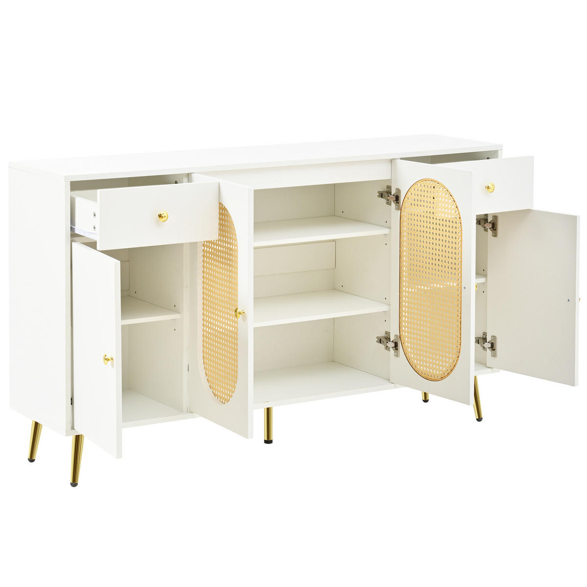 SIDEBOARD aus Spanplatte 140x35x82 cm Weiß und Natur mit 2 Schubladen, 4 Türen und höhenverstellbaren Einlegeböden - Naturfarben, Holzwerkstoff (140/82/35cm) - Modfu