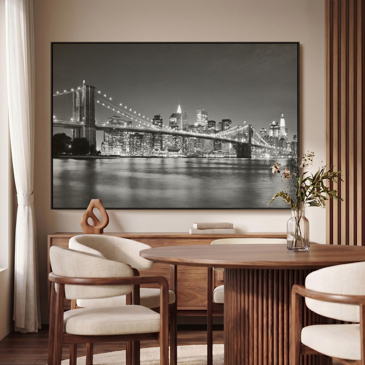 LEINWAND Bilder mit Rahmen - New York - Brücke - Brooklyn - Schwarz und weiß - Architektur - 150x100 - Schwarz, Textil (150/100cm) - MuchoWow