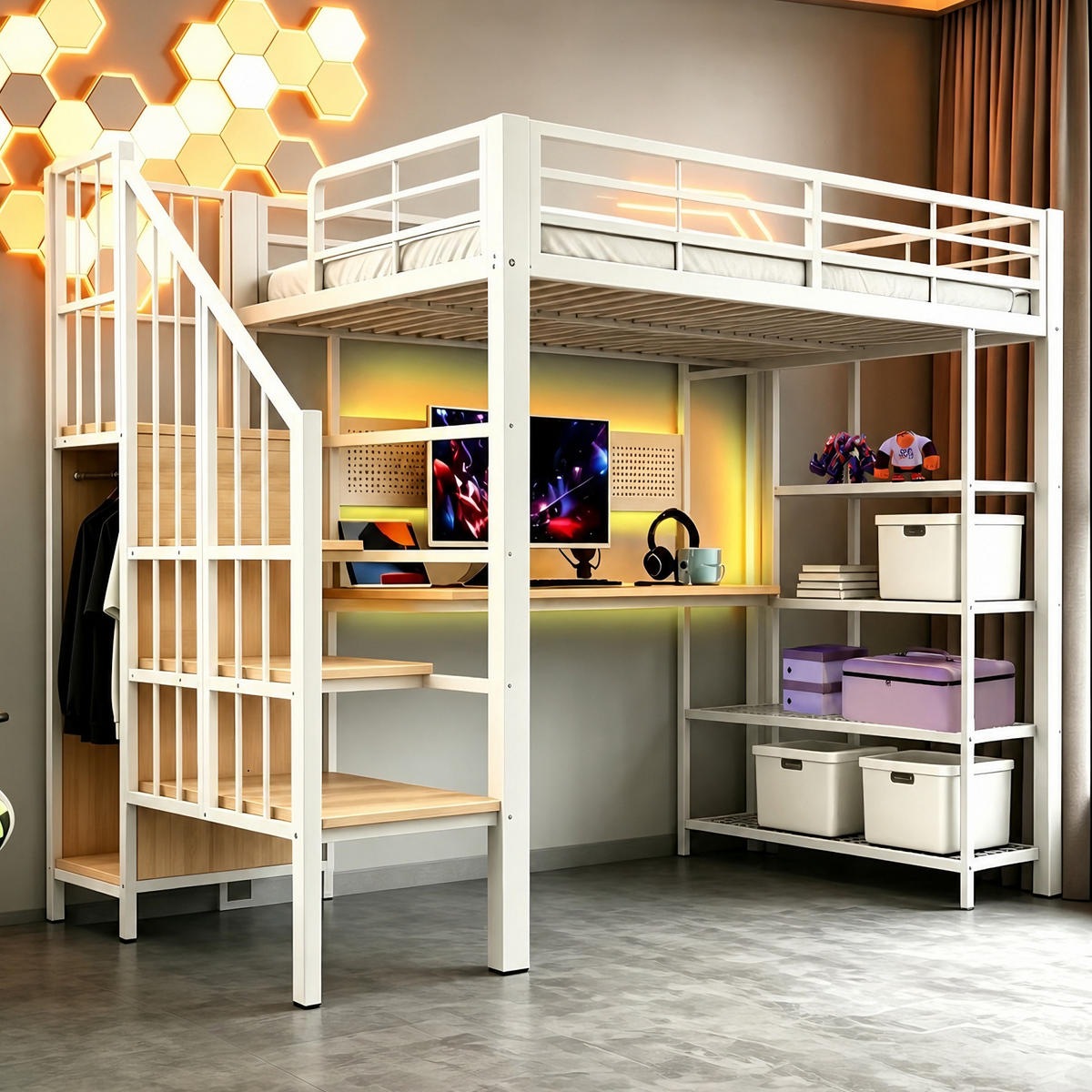 HOCHBETT 90/200 cm aus Metall und Holz mit Staumtreppe und Schreibtisch Weiß - Weiß, Metall (90/200cm) - Modenvie
