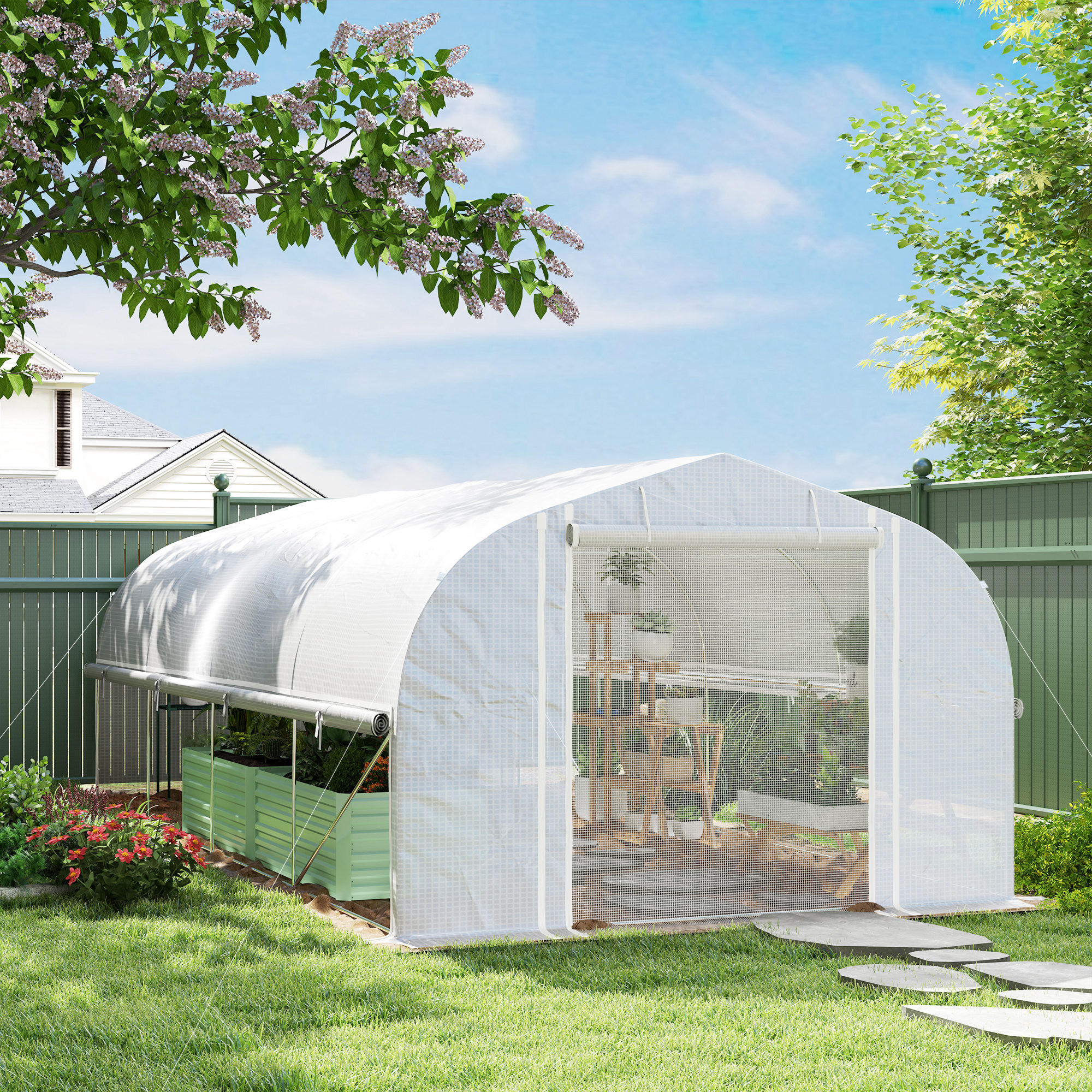 GEWÄCHSHAUS 6 x 3 x 2 m mit 8 Fenster & Tür, Weiß - Weiß, Kunststoff (300/200/595cm) - Outsunny