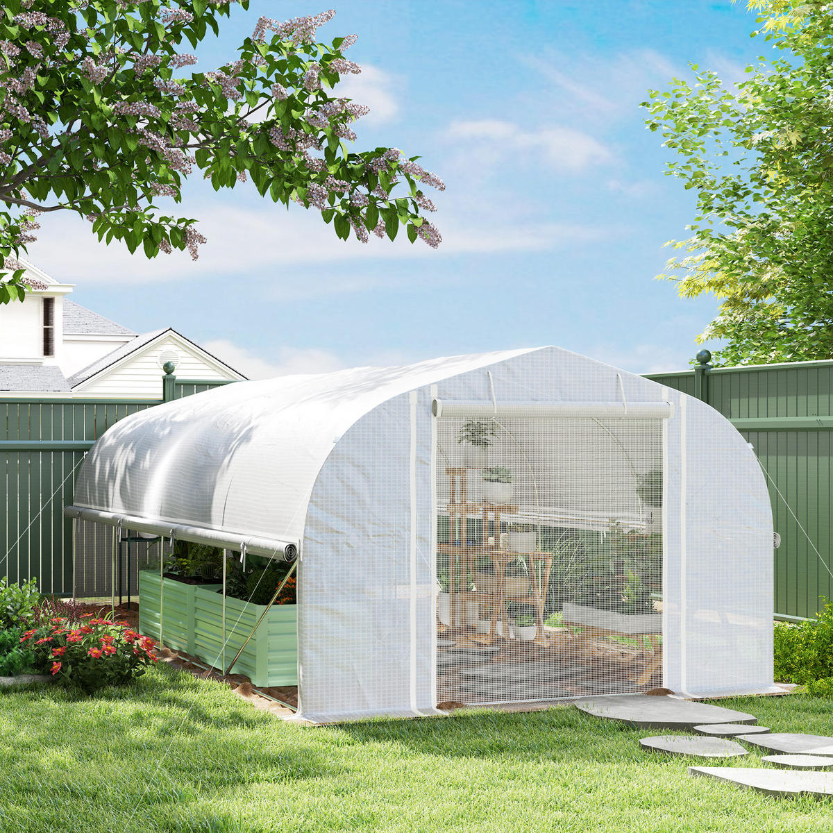 GEWÄCHSHAUS 6 x 3 x 2 m mit 8 Fenster & Tür, Weiß - Weiß, Kunststoff (300/200/595cm) - Outsunny