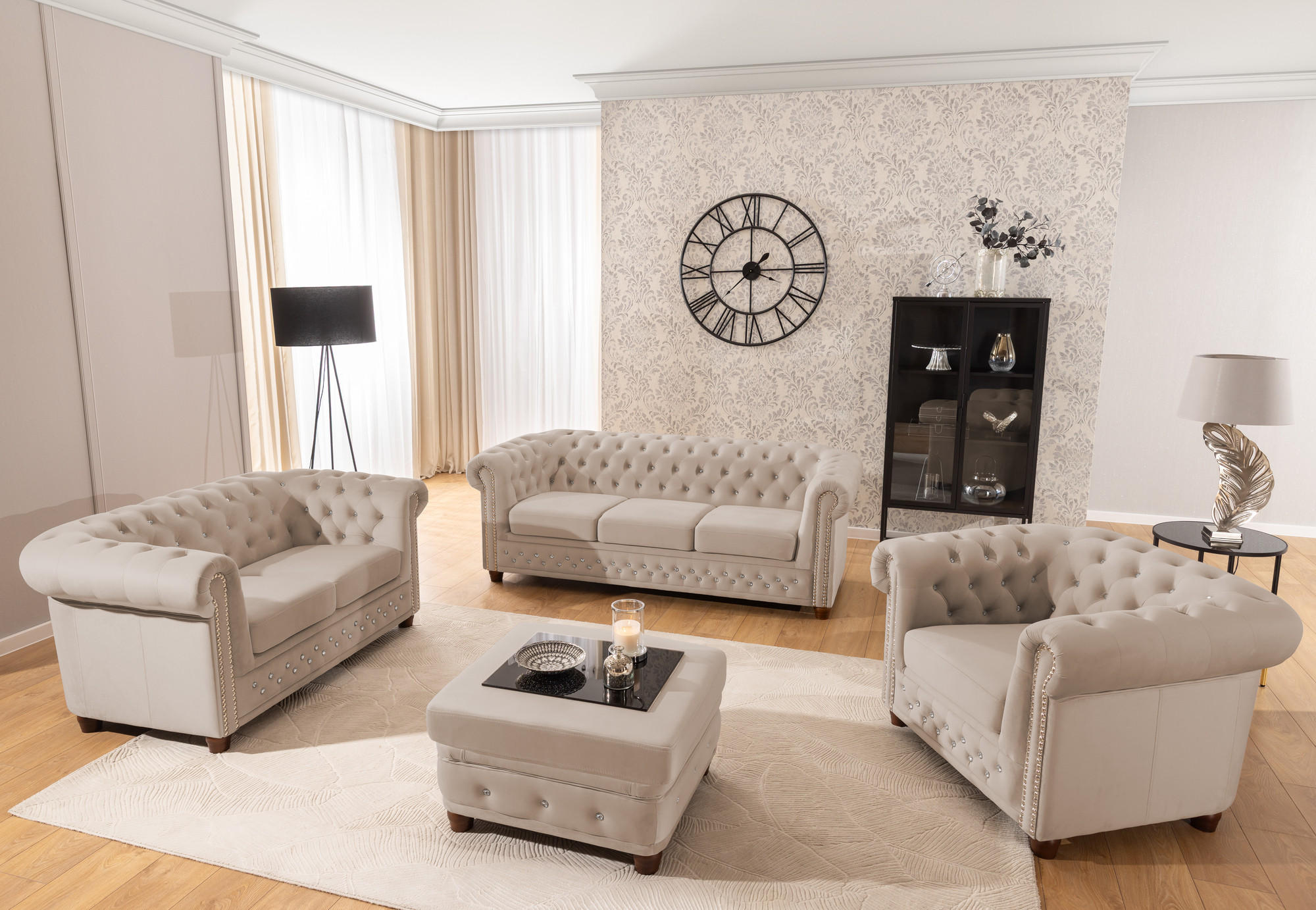 SITZGARNITUR 3+2+1 Chesterfield Cleo Blink Beige Samt mit Kristallsteppung und braunen Massivholzfüßen - Beige/Braun, Holz/Textil (203/72/86cm) - S-Style Möbel