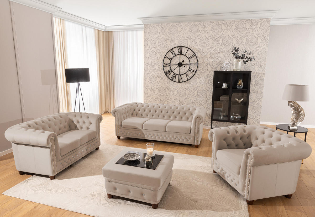 SITZGARNITUR 3+2 Chesterfield Cleo Blink Beige Samt mit Kristallsteppung und braunen Massivholzfüßen - Beige/Braun, Holz/Textil (203/72/86cm) - S-Style Möbel