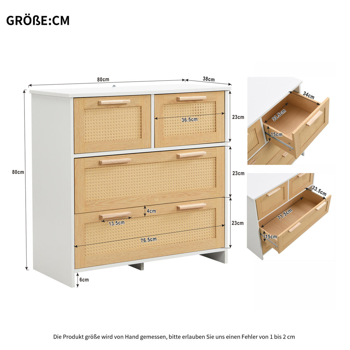 KOMMODE, 4 Schubladen, Rattan-Optik, 80x38x80 cm, NaturxWeiß - Weiß, Holzwerkstoff (38/80/80cm) - Modfu