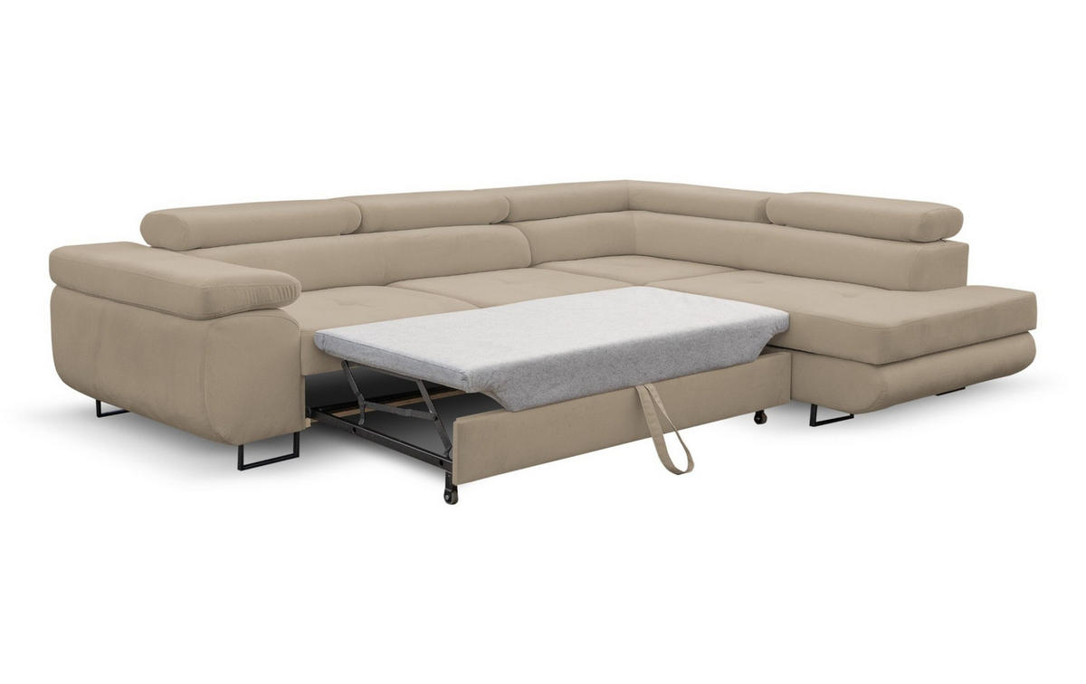 ECKSOFA Jerry in L-Form mit Schlaffunktion und Bettkasten, Farbe: Beige, Veloursstoff, Ottomane Rechts - Beige, Textil (275/202cm) - VENASI MÖBEL