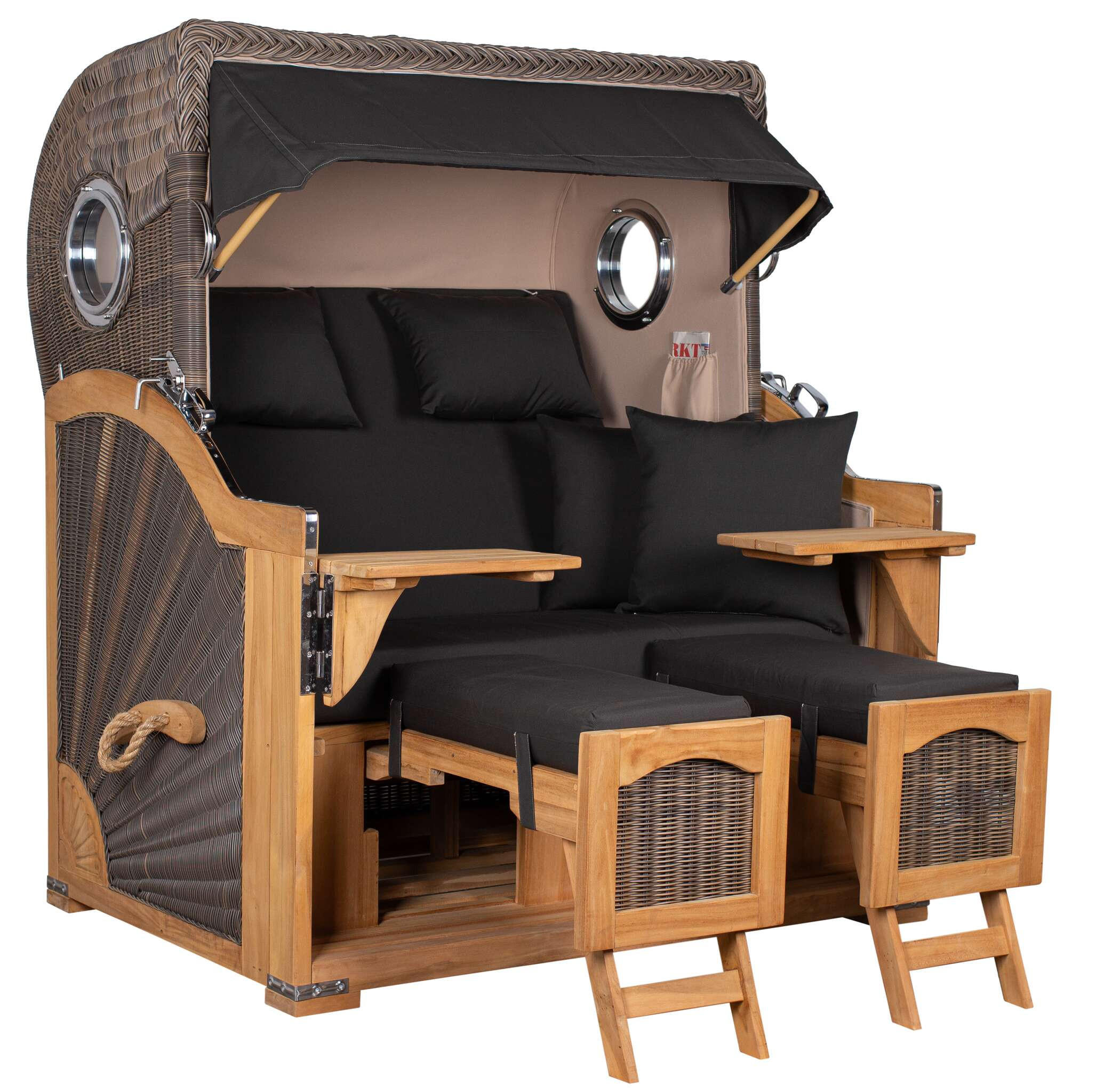 STRANDKORB Düne Grande Bullauge Teak PE Grey Dessin 548 - Schwarz/Braun, Metall (142/170/95cm) - Mr. Deko
