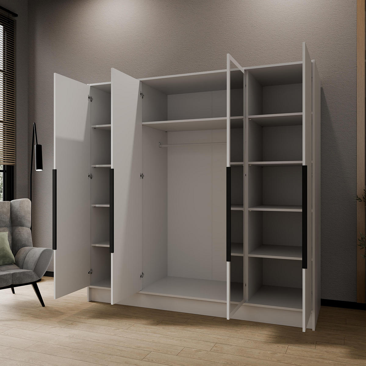 DREHTÜRENSCHRANK RENVO 200/200/51 cm Modern Kleiderschrank 4-türig mit Spiegel Weiß - Weiß, Holzwerkstoff (200/200/51cm) - MASSENO