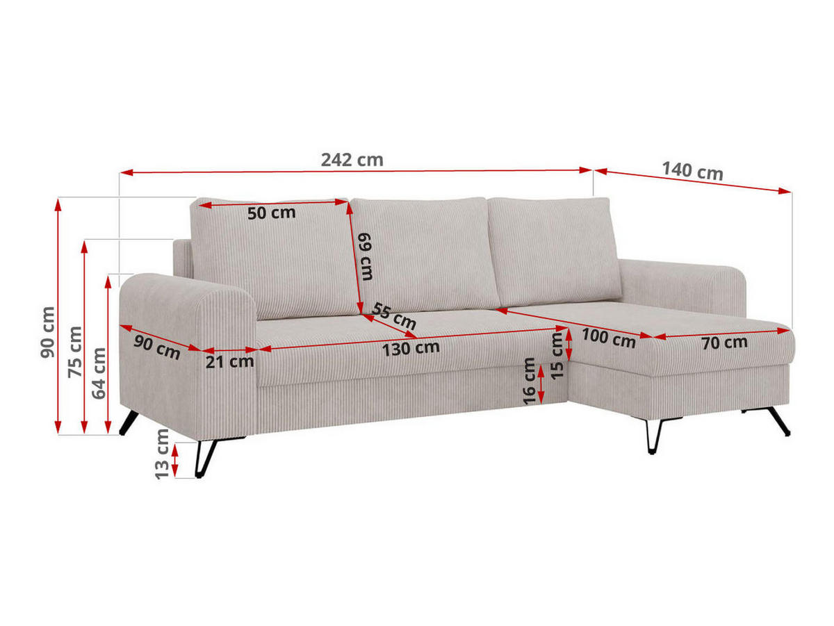 ECKSOFA Hugo Cord Weiß - Schwarz/Weiß, Textil/Metall (242/140cm) - MKS