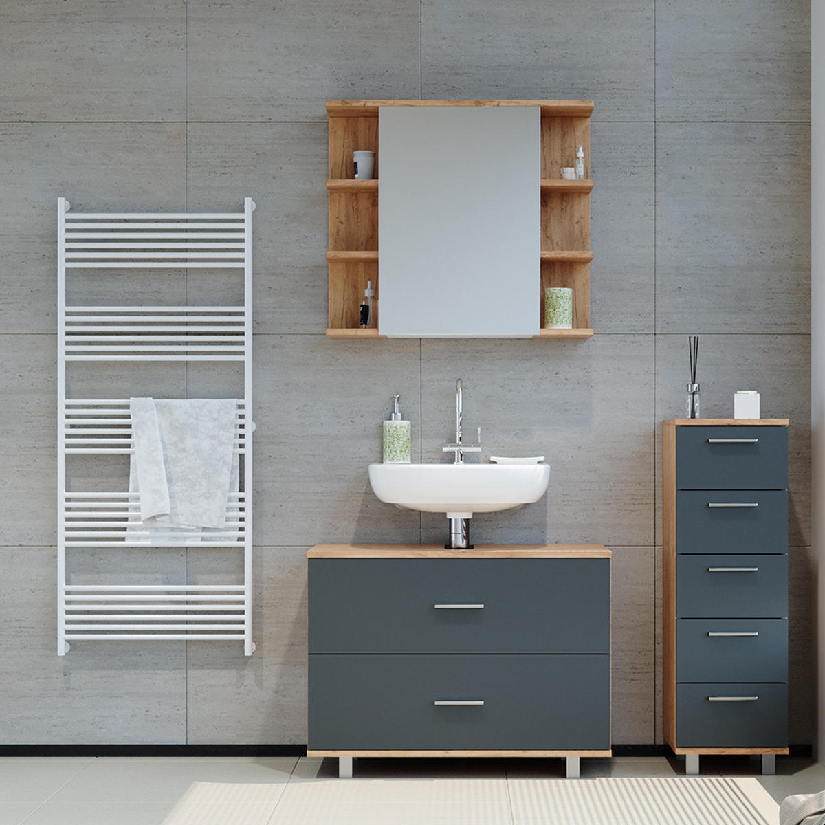 BADMÖBEL-SET Ilias Anthrazit/Goldkraft Eiche 3 Teile mit Unterschrank 80 cm - Honigeiche/Anthrazit, Holzwerkstoff (80/60/33cm) - Vicco