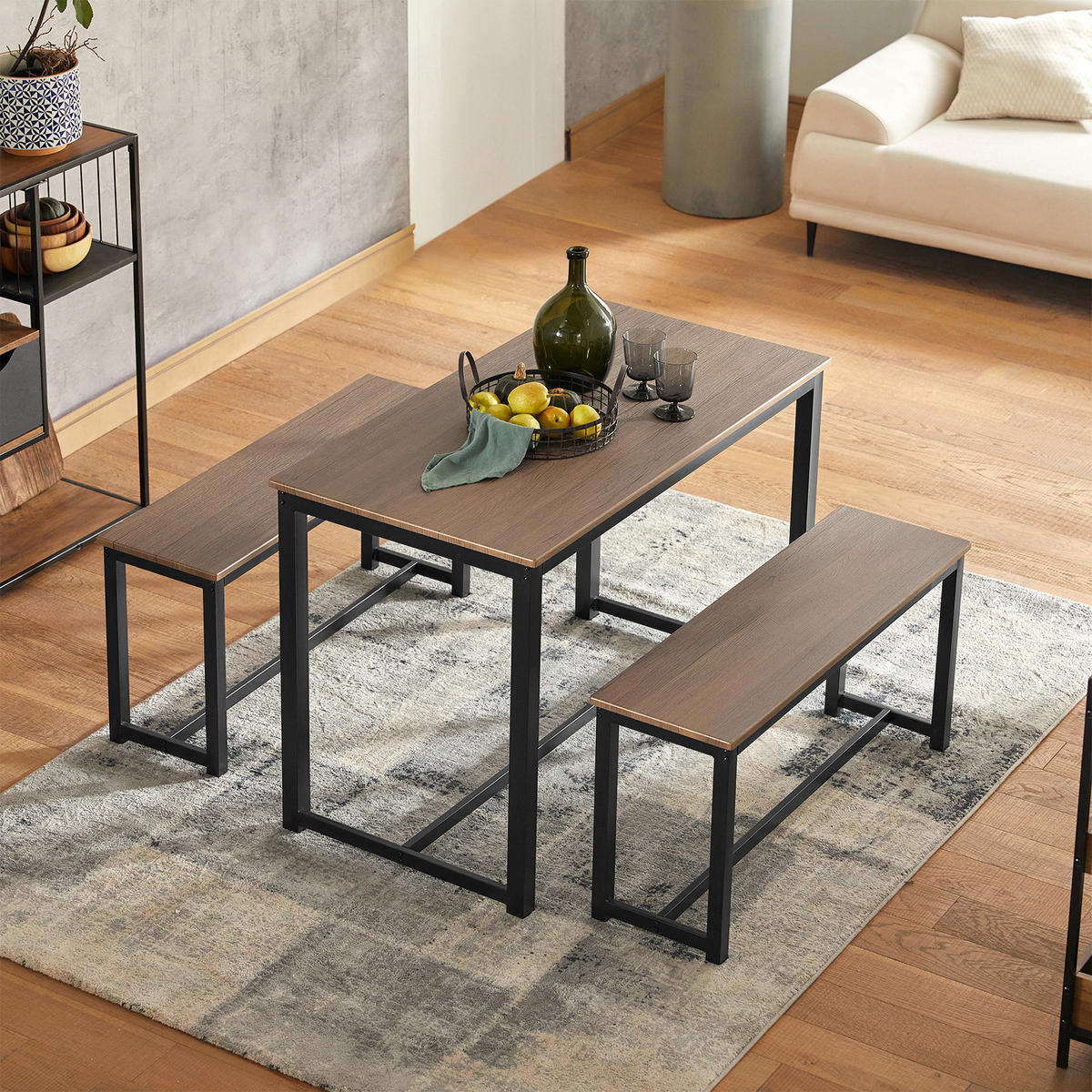 ESSTISCH + 2 x SITZBÄNKE - Braun, Holzwerkstoff/Metall (110/74/58cm) - SoBuy