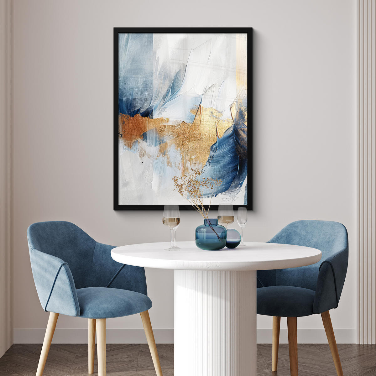 GERAHMTES BILD Gold - Blau - Aquarell - Kunst - Modern 60x80 cm - Hellblau, Papier (60/80cm) - MuchoWow