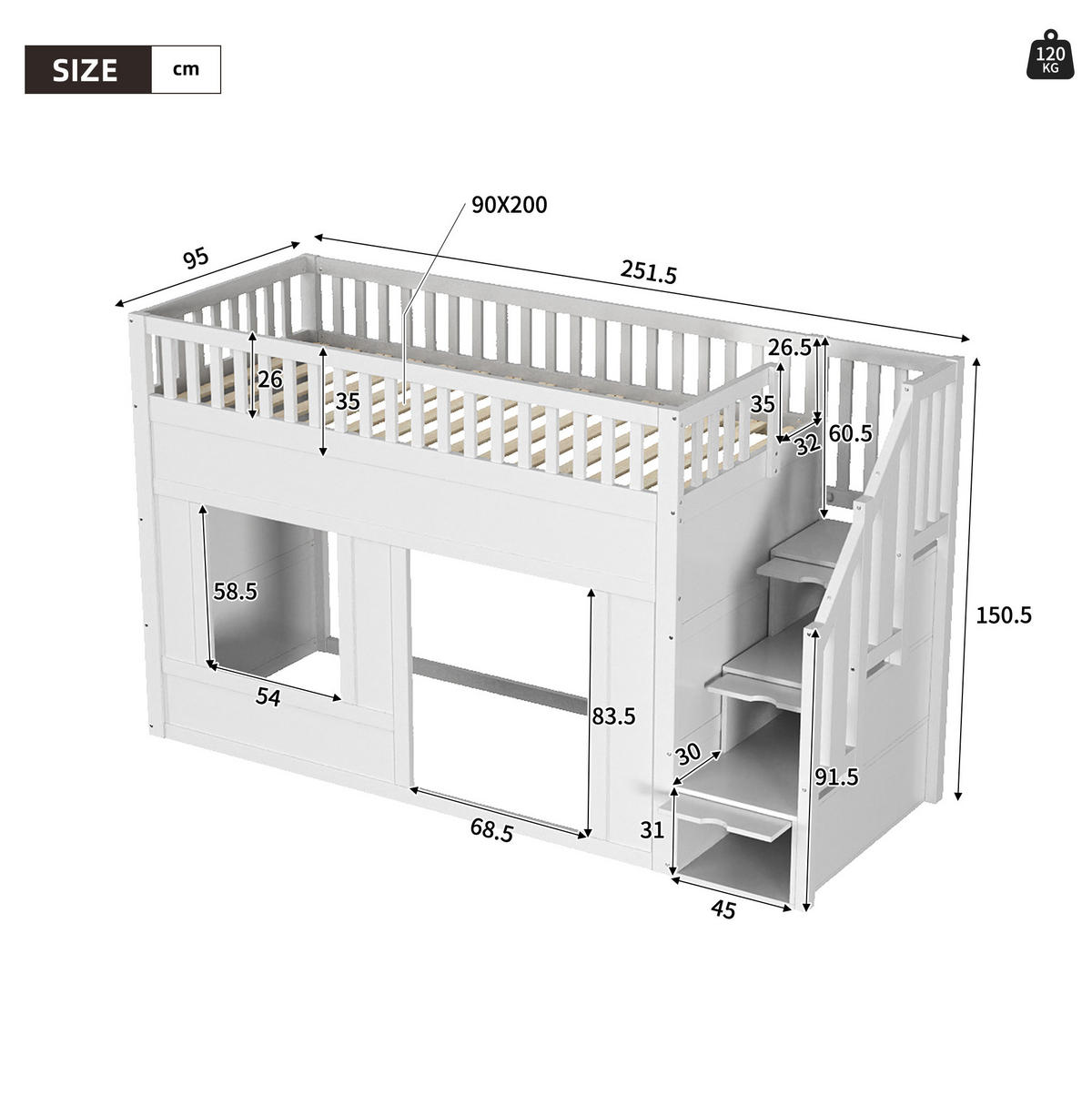 ETAGENBETT 90/200 cm weiß aus Massivholz und MDF mit Treppenschrank - Weiß, Holzwerkstoff (90/200cm) - OKWISH