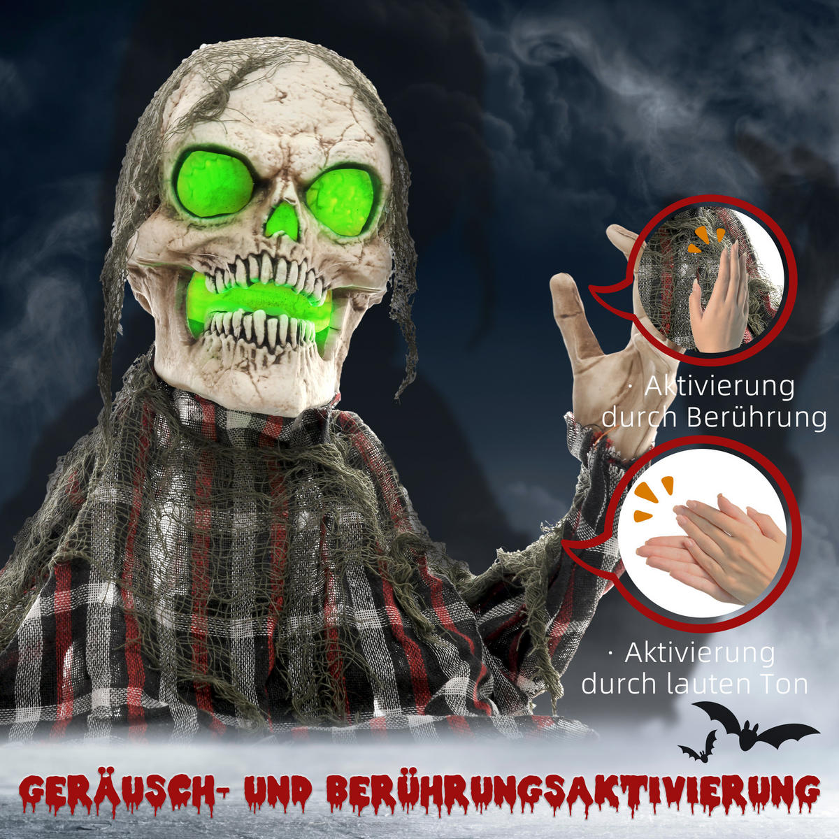 HALLOWEEN DECORATIONS 70cm Skelett Halbkörper Figur, Soundfunktion - Dunkelgrau, Kunststoff/Metall (40/70/16cm) - HOMCOM