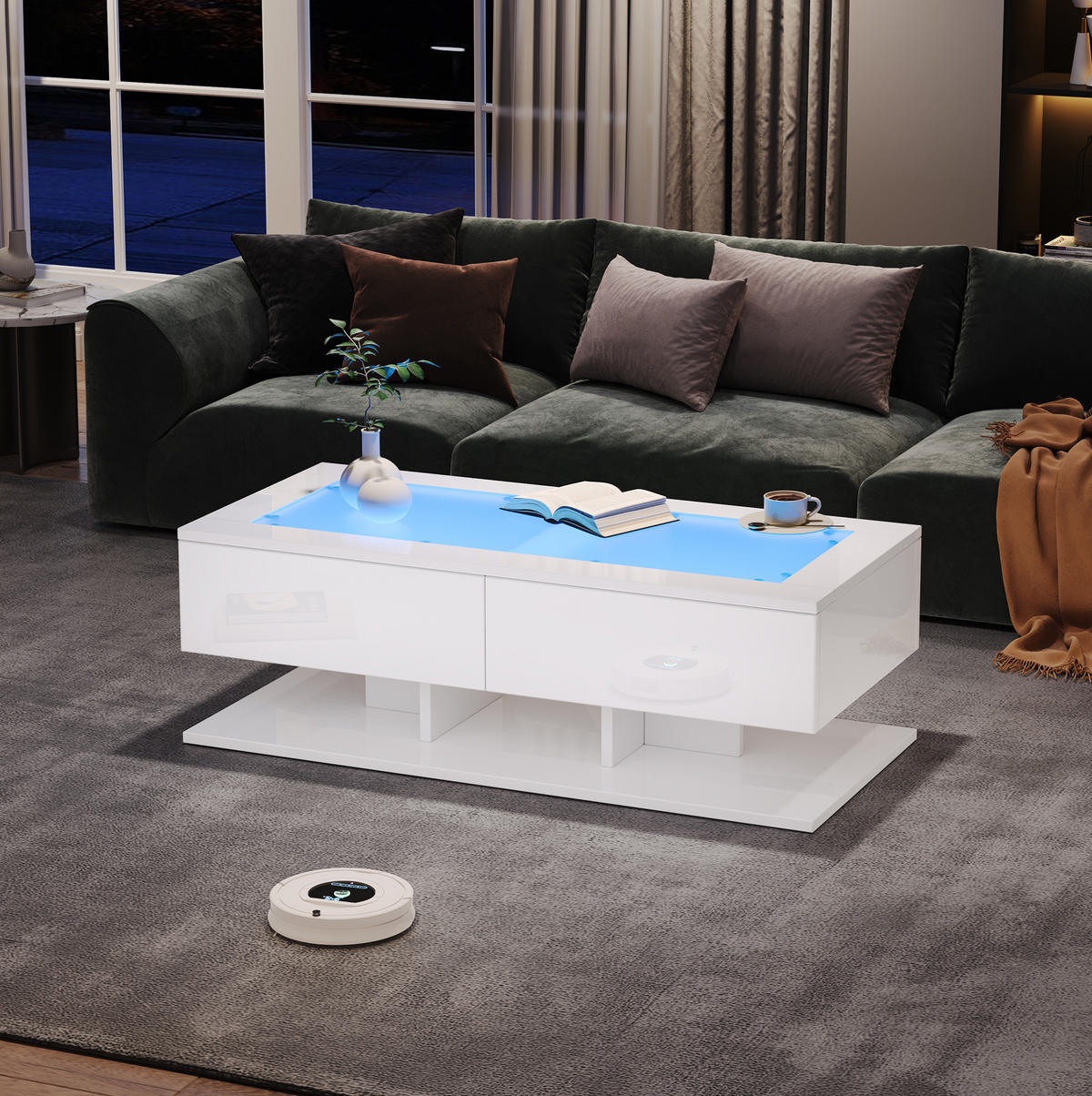COUCHTISCH 100/50/35 cm Weiß aus Spanplatte und Glas mit LED-Licht und 2 Schubladen - Weiß, Holzwerkstoff (100/50/35cm) - OKMYHOME