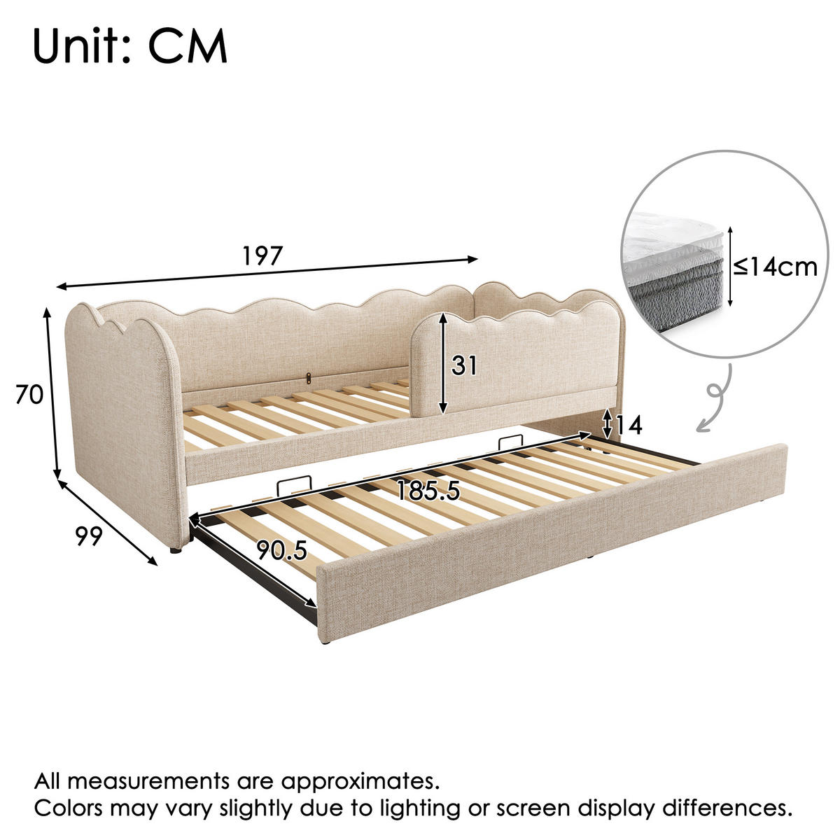 AUSZIEHBETT 90/190 cm DE-00663, in Beige, Tagesbett-Funktion und Lattenrost - Beige, Metall (90/190cm) - ComfortXL