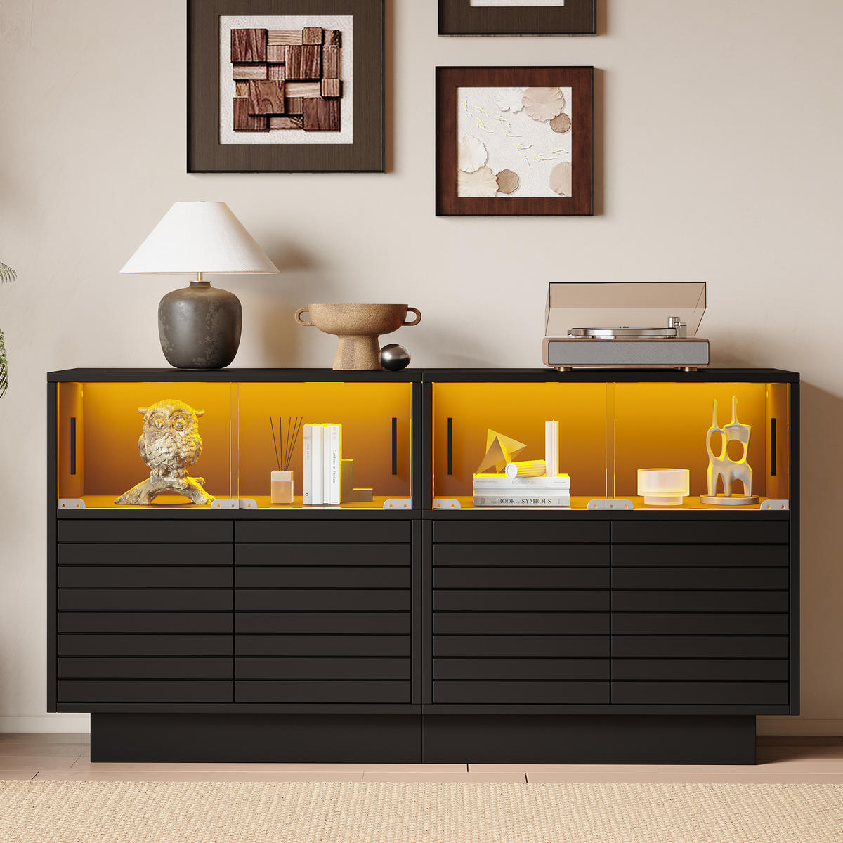 SIDEBOARD LED 2 Türen 4 Fächer Glas 130x35x68cm Stauraum - Schwarz, Holzwerkstoff (35/68/130cm) - FLIEKS