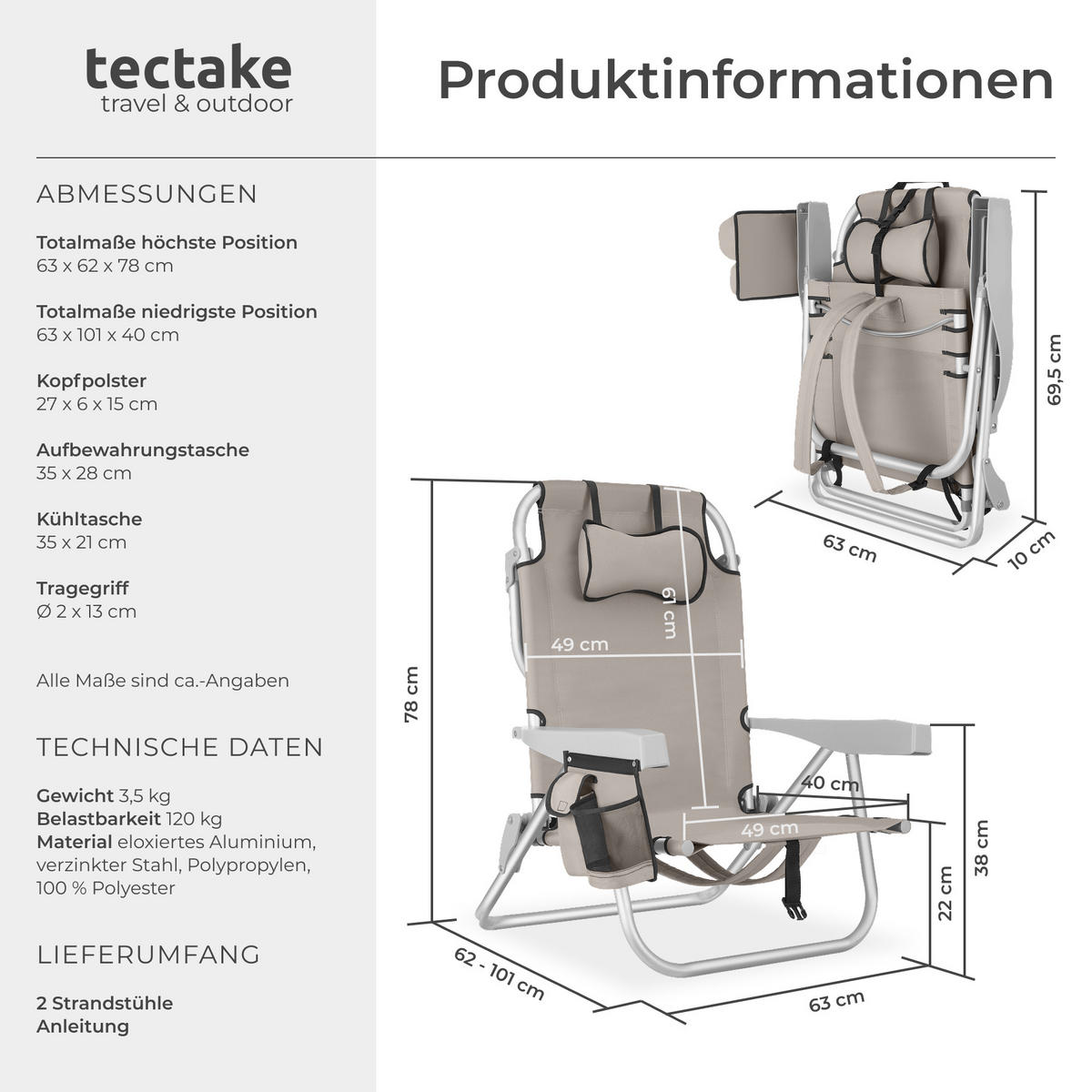 STRANDSTUHL Coral, rückseitige Kühltasche und Aufbewahrungstasche, beige - Beige, Kunststoff (63/78/101cm) - tectake