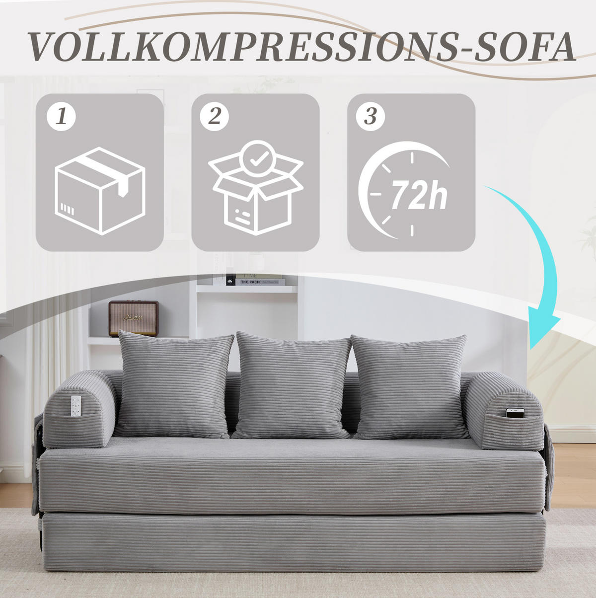 SOFA 200/94/67 cm aus Cord mit Metallgestell und 3 Kissen Hellgrau - Hellgrau, Textil (94/67/200cm) - Modenvie