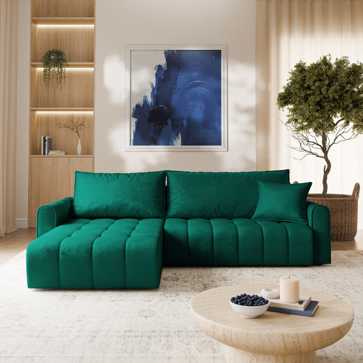 ECKSOFA FRIGA Grün Velours-Stoff mit Schlaffunktion - Grün, Holz (283/185cm) - MASSENO