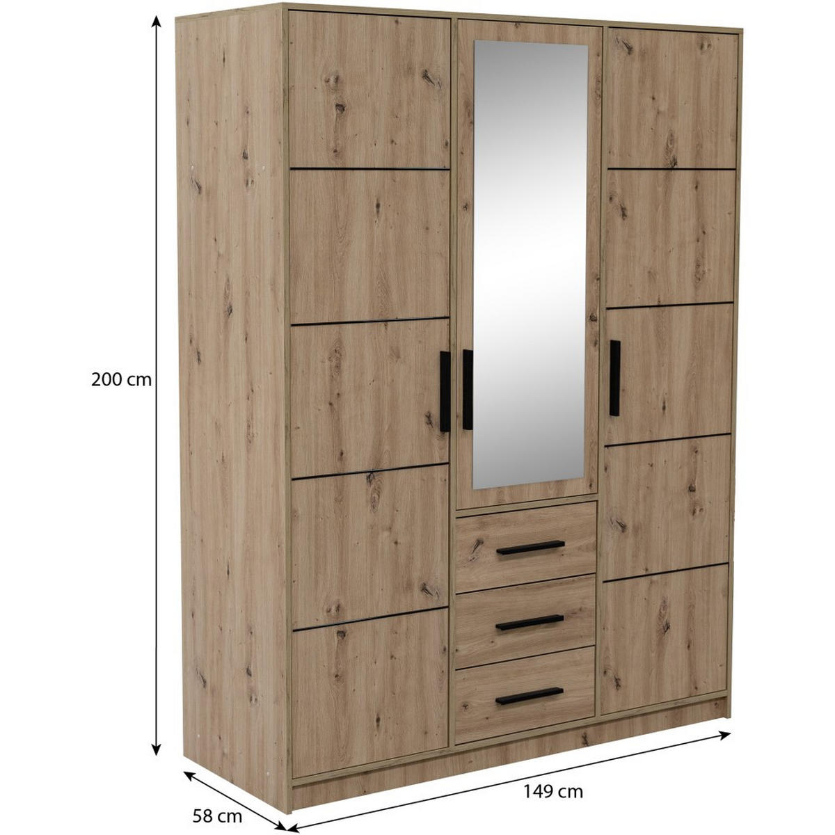 DREHTÜRENSCHRANK Kavo mit Spiegel und 3 Türen, eiche Sonoma - Schwarz/Sonoma Eiche, Holzwerkstoff (150/200/58cm) - Beautysofa