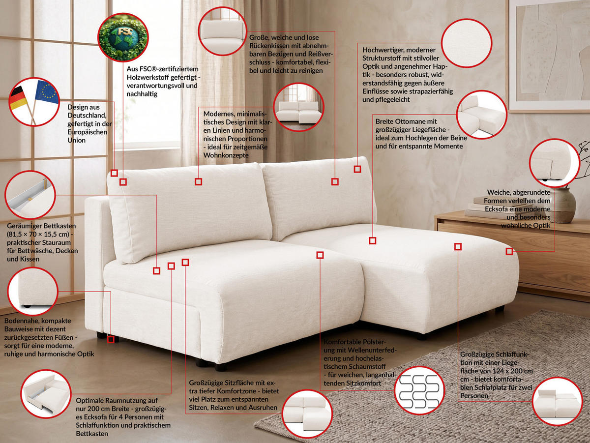 ECKSOFA Sora mit Schlaffunktion, Bettkasten und extra tiefer Komfortzone aus hochwertigem Creme Strukturstoff - Creme/Schwarz, Holz/Kunststoff (200/140cm) - S-Style