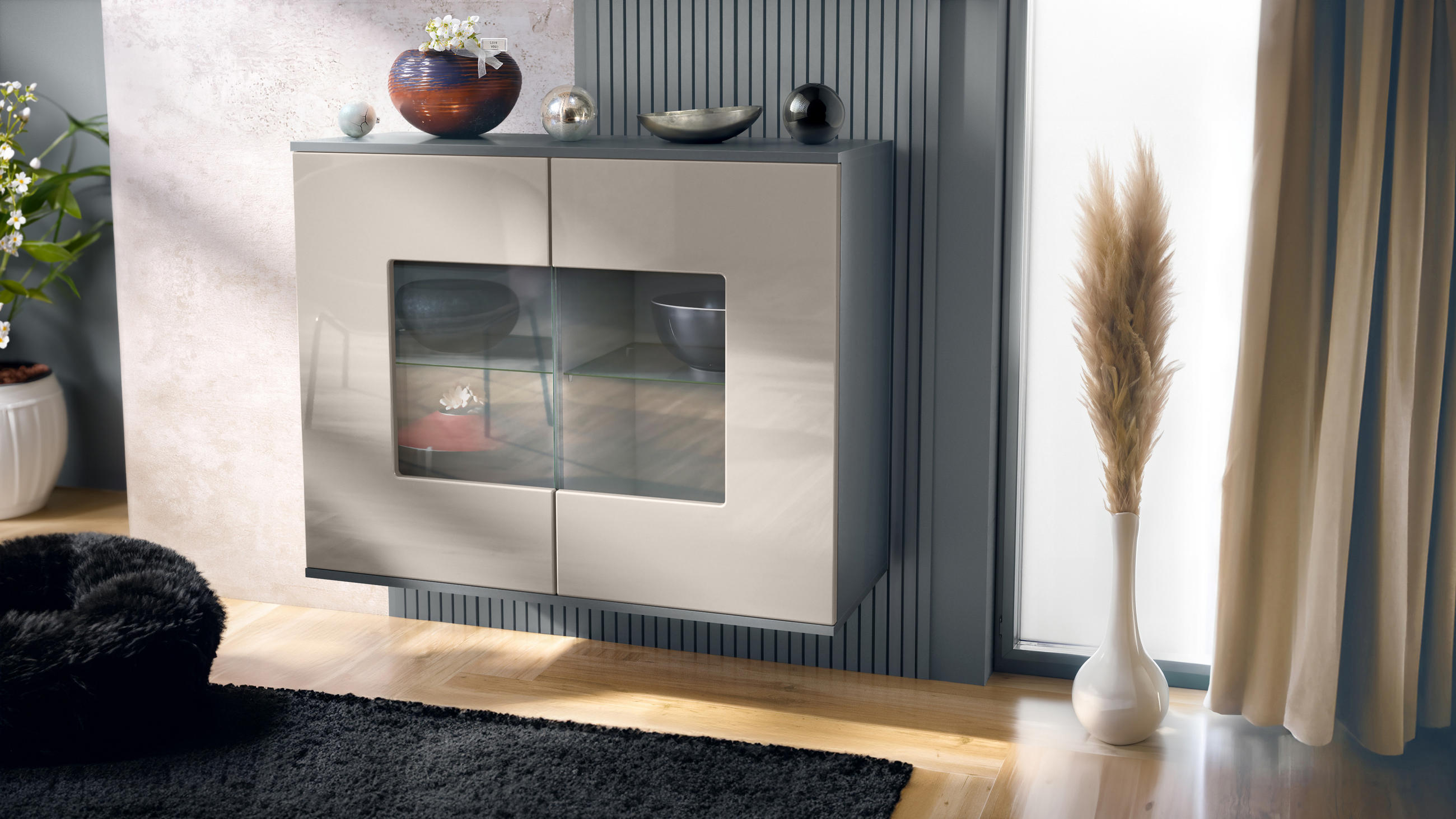 KOMMODE Grömitz Sandgrau Hochglanz - Sandfarben, Holzwerkstoff (92.5/73.5/35cm) - Vladon