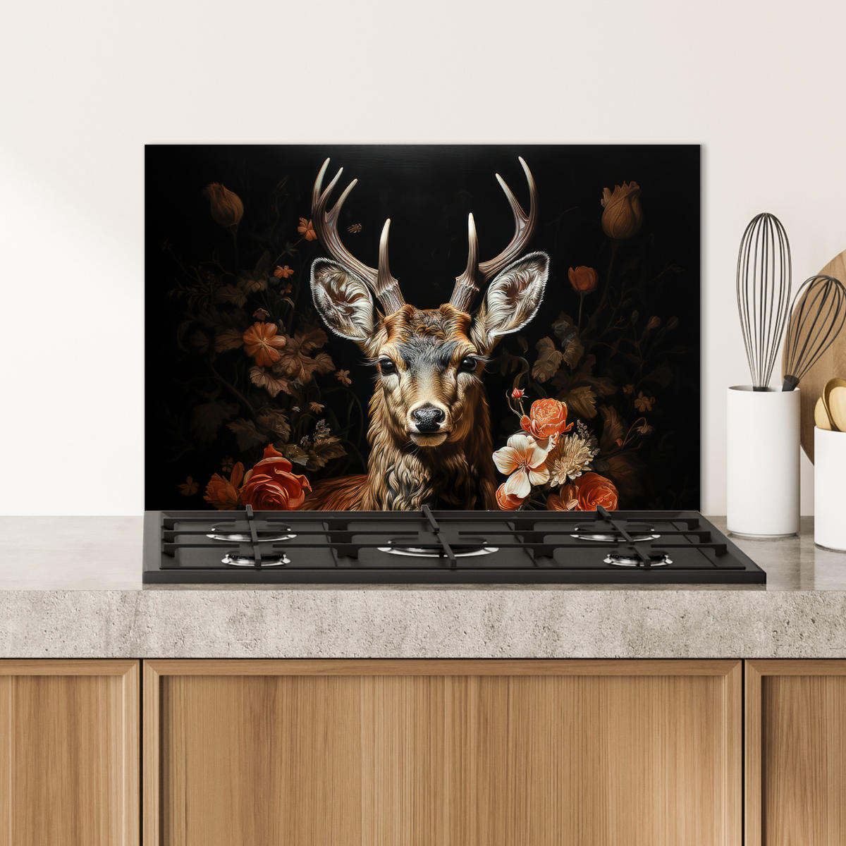 SPRITZSCHUTZ KÜCHE Hirsch - Tier - Blumen - Natur - Botanisch 60x40 cm - Kupferfarben, Metall (60/0.3/40cm) - MuchoWow
