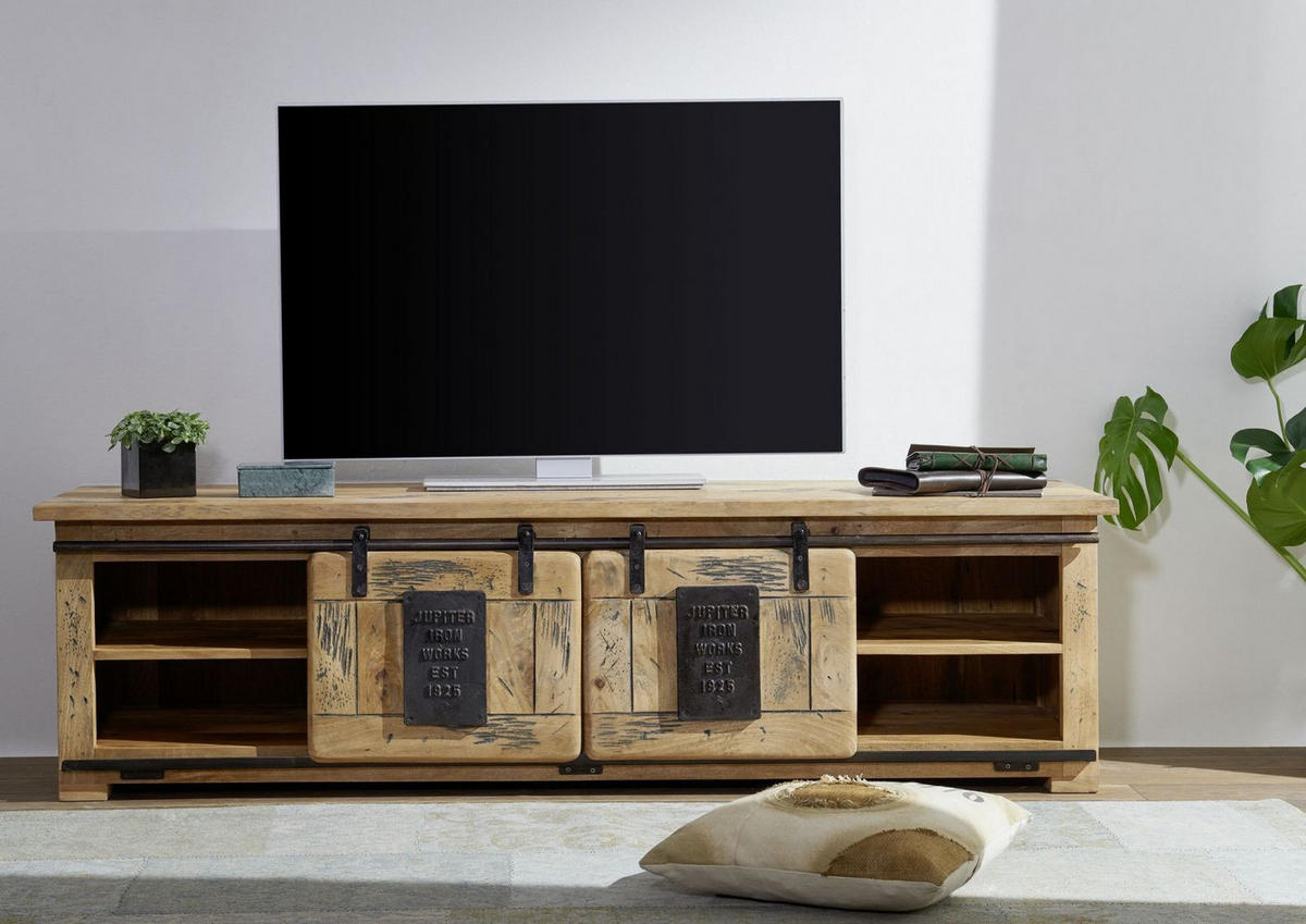 TV-BOARD Mango 180x55x50 natur lackiert RAILWAY #314 - Naturfarben, Holz (180/50/55cm) - Massivmoebel24