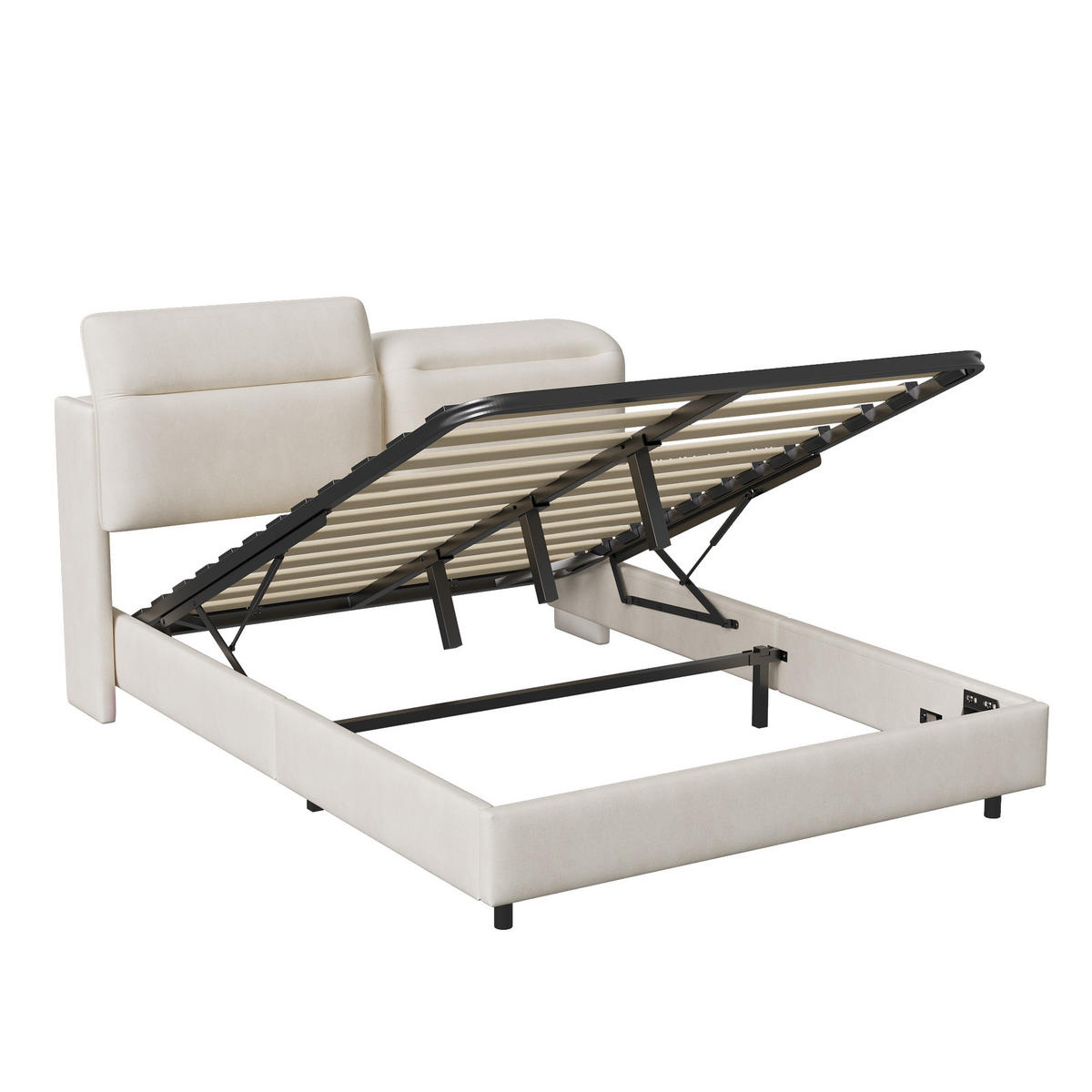 POLSTERBETT 160x200 cm, Beige, Doppelbett mit Stauraum & LED-Beleuchtung - Beige, Textil/Metall (160/200cm)