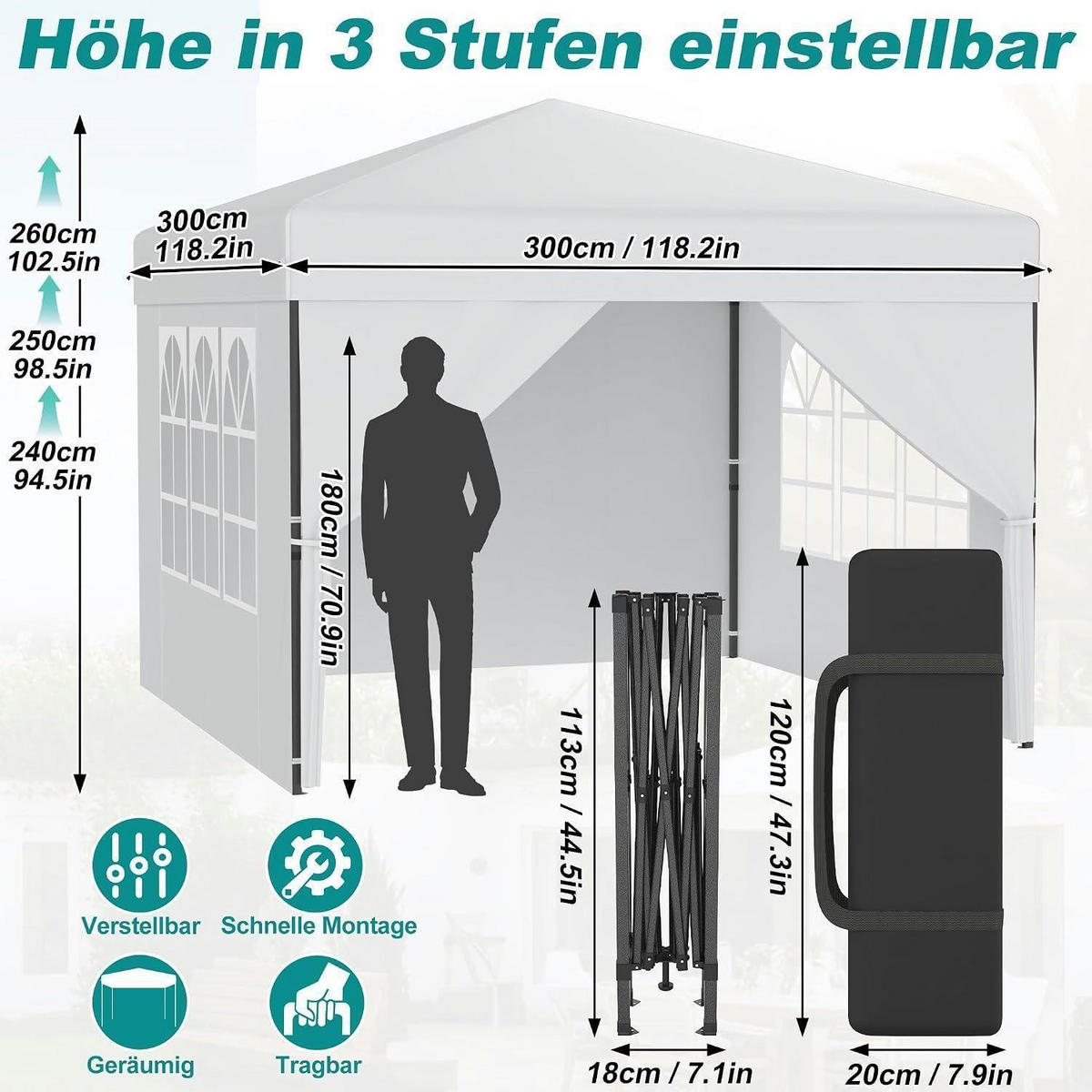 FALTPAVILLON 300 x 300 cm mit Seitenwänden Weiß - Weiß, Textil (300/260/300cm)