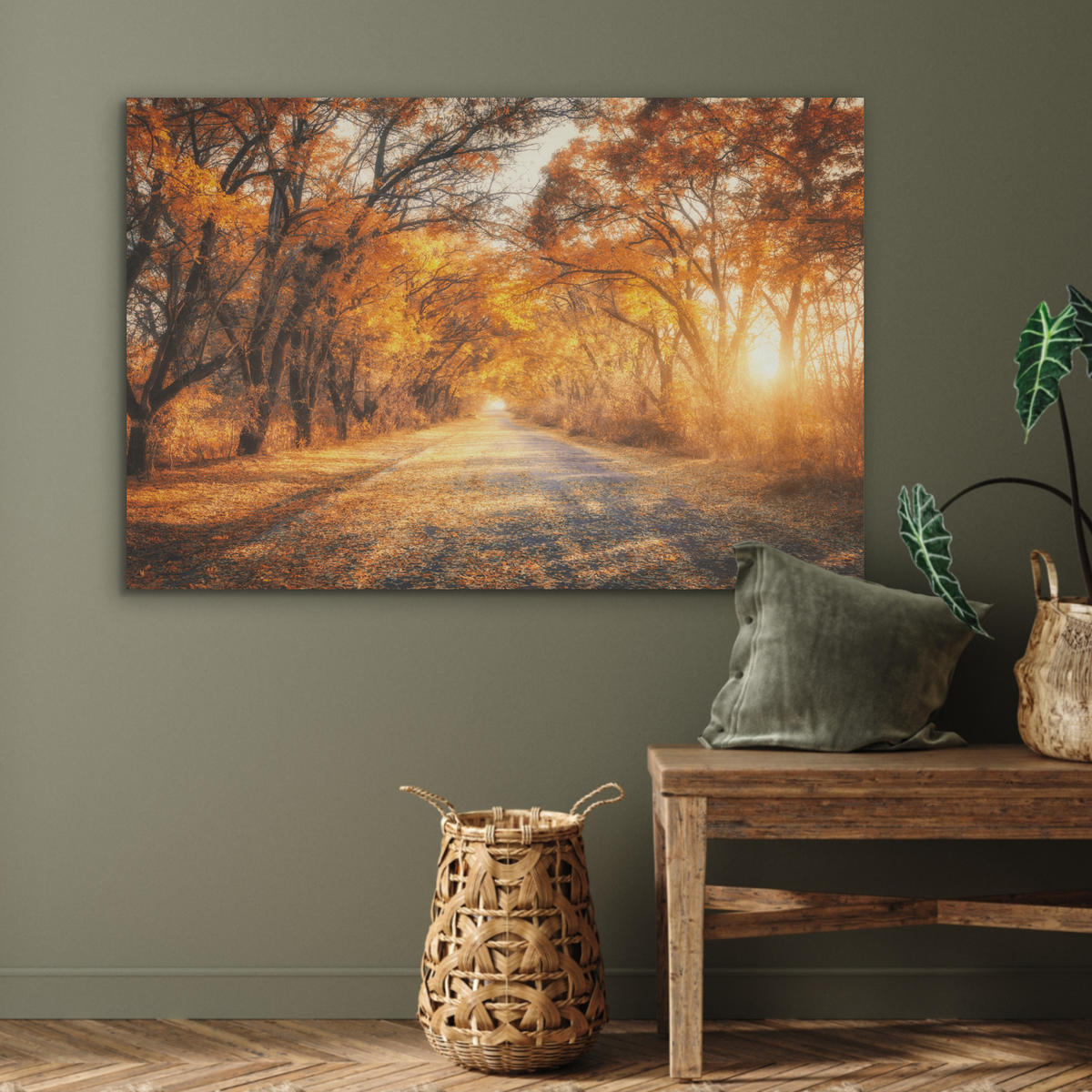AKUSTIKPANEEL Wald - Herbst - Bäume - Waldweg - Natur 100x70 cm - Bernsteinfarben, Textil (100/0.9/70cm) - MuchoWow