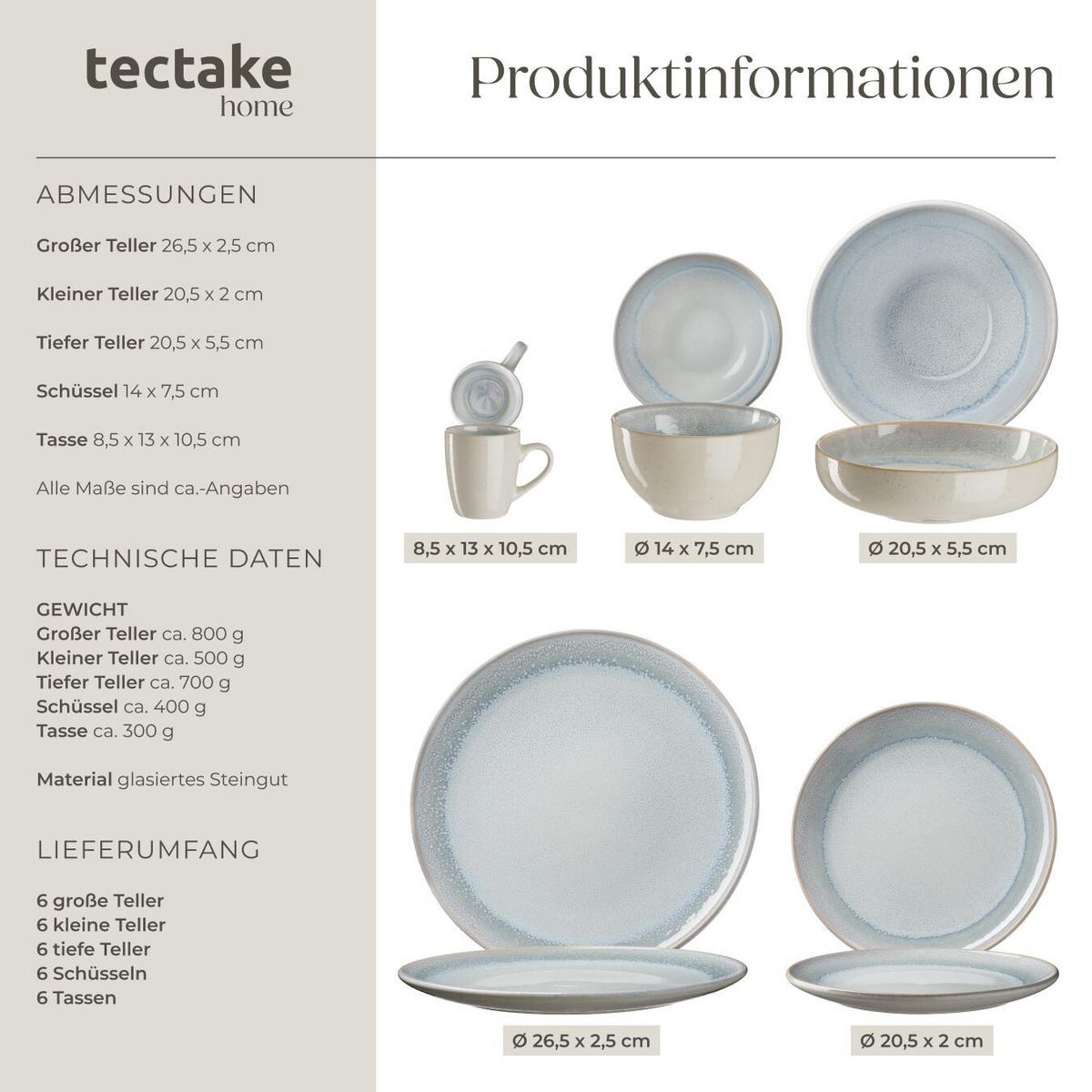 KOMBISERVICE Mare, ineinander stapelbar, Sand - Sandfarben, Keramik (26.5/2.5/26.5cm) - tectake