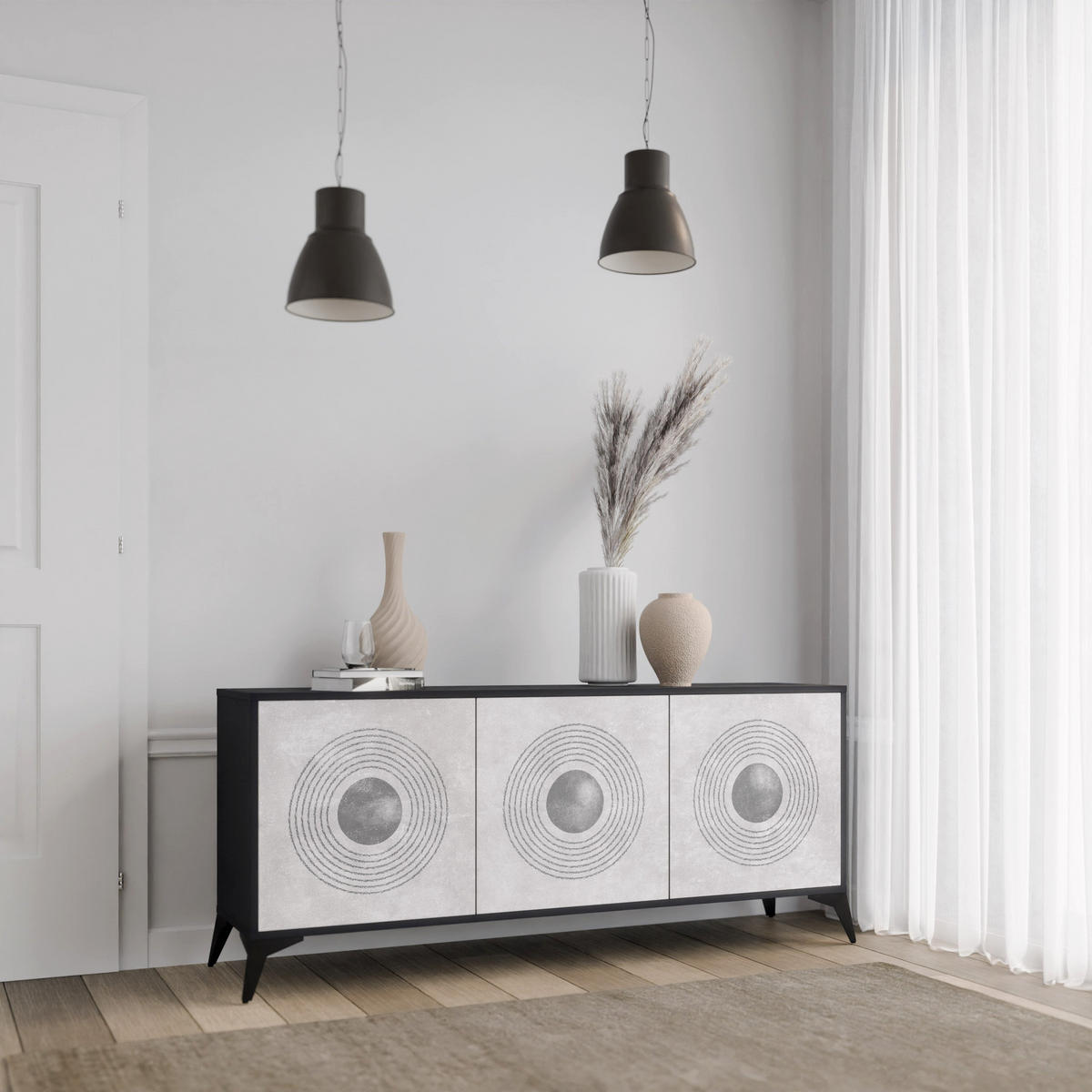 SIDEBOARD SOLID CIRCLES, Eicheneffekt, 164,5x42x77,5 cm, 3 Türen - Eichefarben/Buchefarben, Holzwerkstoff/Buchenholz (164.5/77.5/42cm) - SpaceRebels