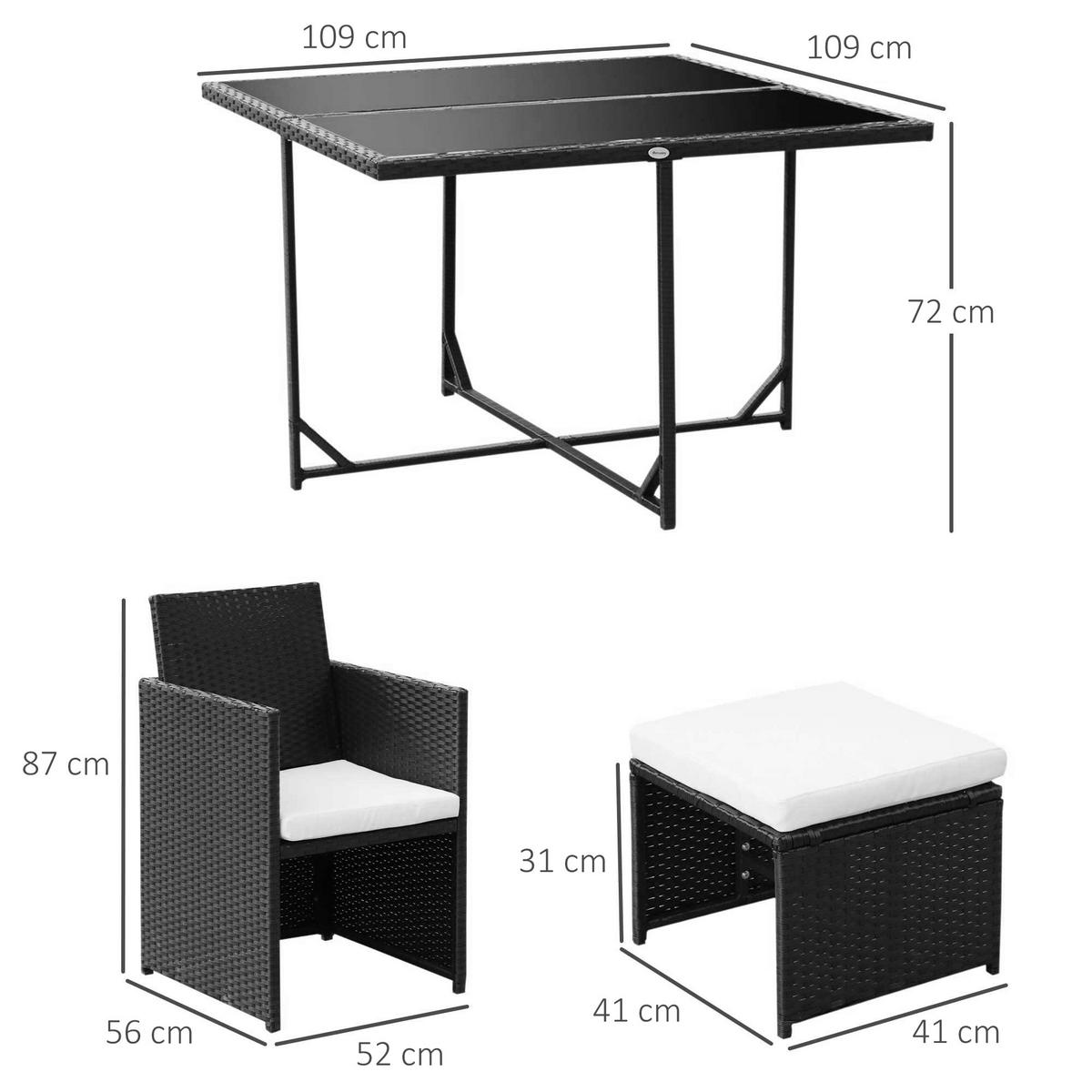 POLYRATTAN Gartenmöbel Rattan Gartenset inkl. Kissen Schwarz 109 x 109 x 72 cm - Schwarz, Kunststoff - Outsunny