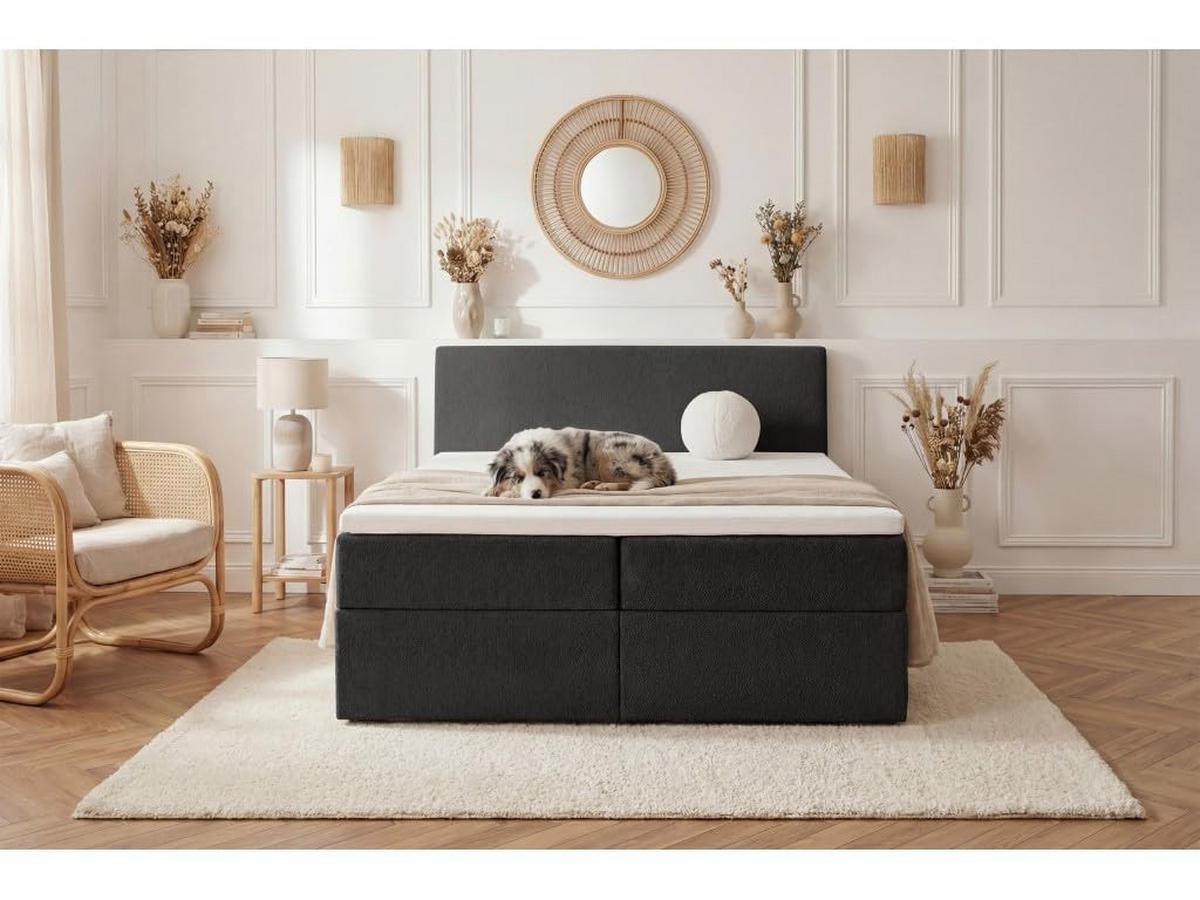 BOXBETT 160x200 cm, QUELLE, Bettkästen mit seitlicher Öffnung, Bouclé-Stoff, Schwarz - Schwarz, Holz/Kunststoff (160/200cm) - Trada