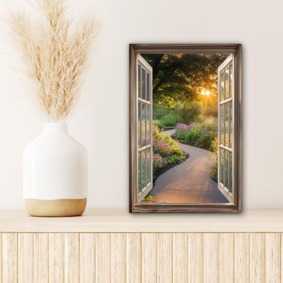 LEINWANDBILD Aussicht - Blumen - Natur - Sonne - Weg 20x30 cm - Hellgelb, Textil (20/30cm) - MuchoWow