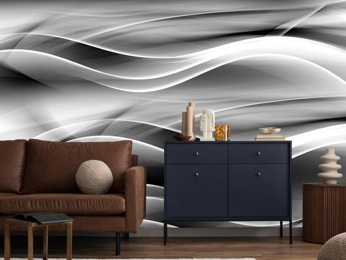 FOTOTAPETE für Badezimmer Abstrakte Monochrom Wellen Modern 100x70 - Schwarz/Weiß, Papier (100/70cm) - Muralo