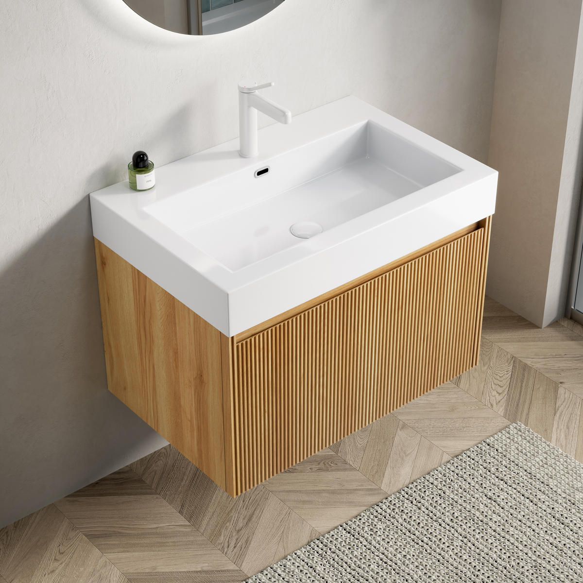 WASCHTISCHUNTERSCHRANK 70x46x50cm Naturholz/Weiß mit Resinbecken & LED-Schubladensystem - Naturfarben, Kunststoff (70/50/46cm) - Modfu